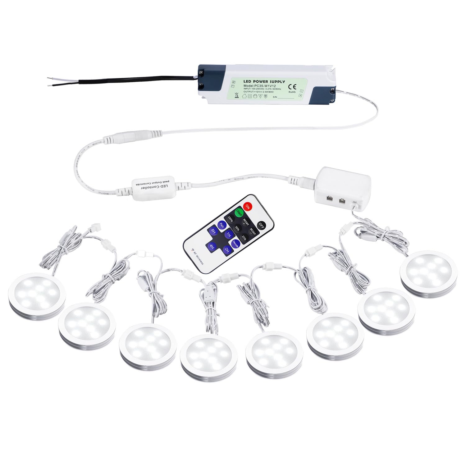 Linkable Under Cabinet LED Lighting 12V Slim Aluminum Dimmable Puck Lights Direct Wired with RF Remote Control for Kitchen Lighting(8pack Daylight White)