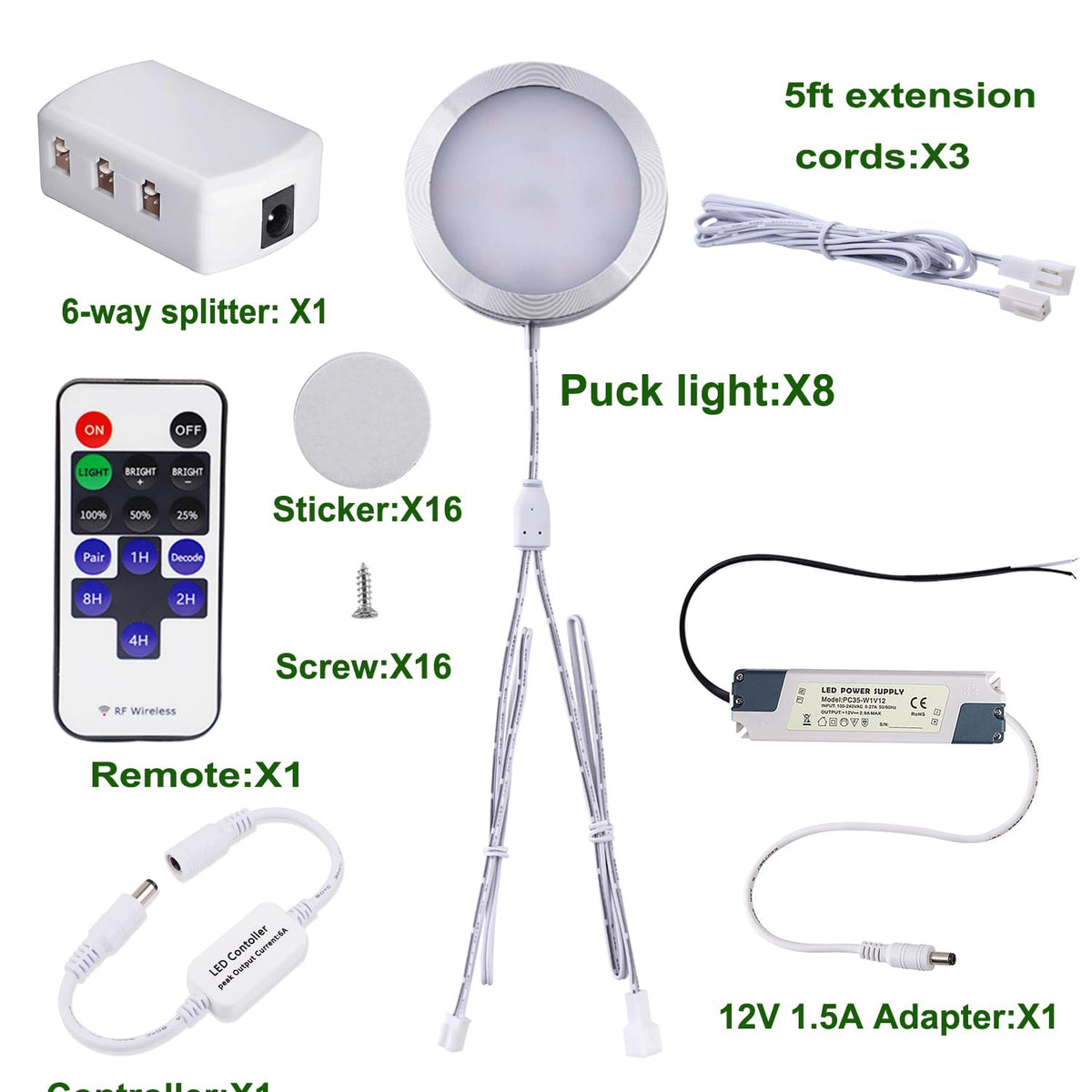 Linkable Under Cabinet LED Lighting 12V Slim Aluminum Dimmable Puck Lights Direct Wired with RF Remote Control for Kitchen Lighting(8pack Daylight White)