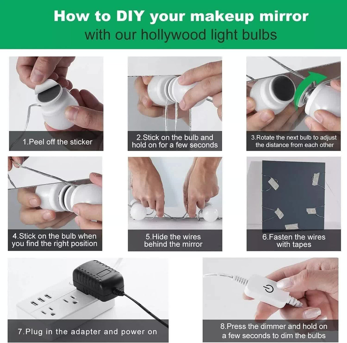 Hollywood LED Vanity Mirror Lights Kit,Stick on Dimmable Makeup Lights, 12V Mirror Lighting Strip Fixture for Vanity Dressing Table Set, Bedroom Wall Lights,CRI>90 (4000K Natural White,10 Bulbs)