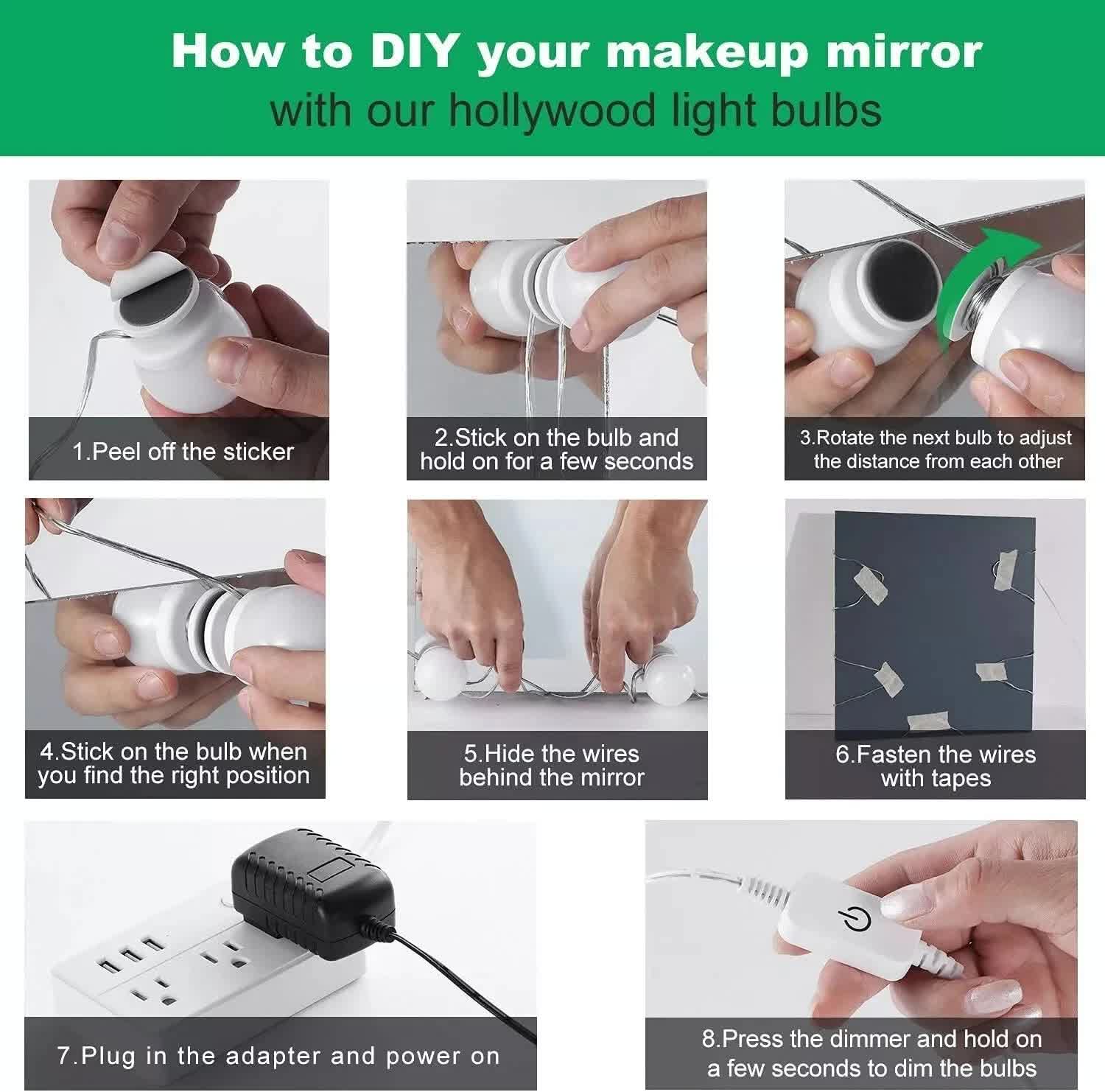 Hollywood LED Vanity Mirror Lights Kit,Stick on Dimmable Makeup Lights, 12V Mirror Lighting Strip Fixture for Vanity Dressing Table Set, Bedroom Wall Lights,CRI>90 (4000K Natural White,10 Bulbs)