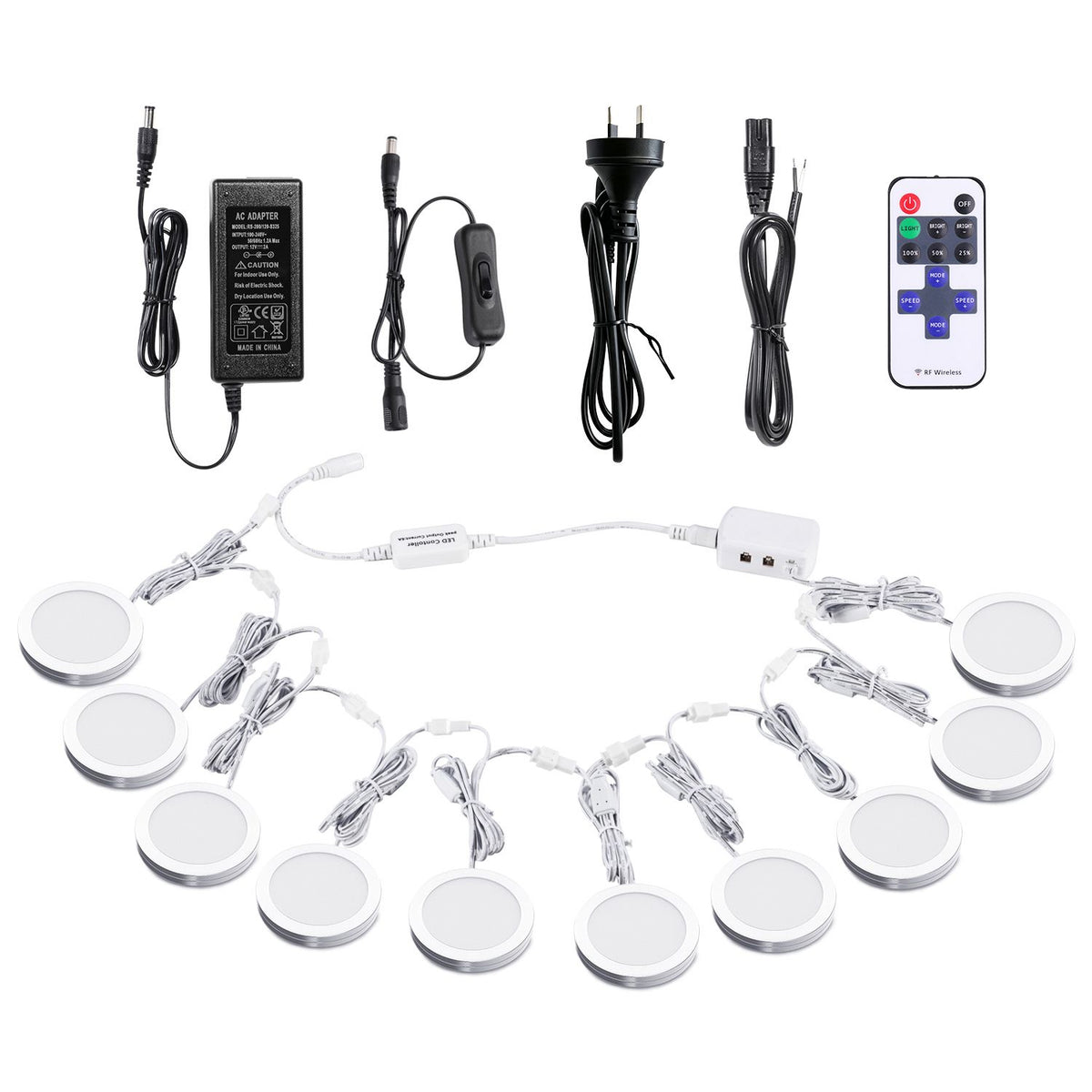 Linkable Under Cabinet LED Lighting 12V Dimmable Puck Lights with Wireless RF Remote Control, Hardwired &amp; AU Wall Plug in for Furniture Cupboard Lighting(10 Lights, Natural White 4000K)