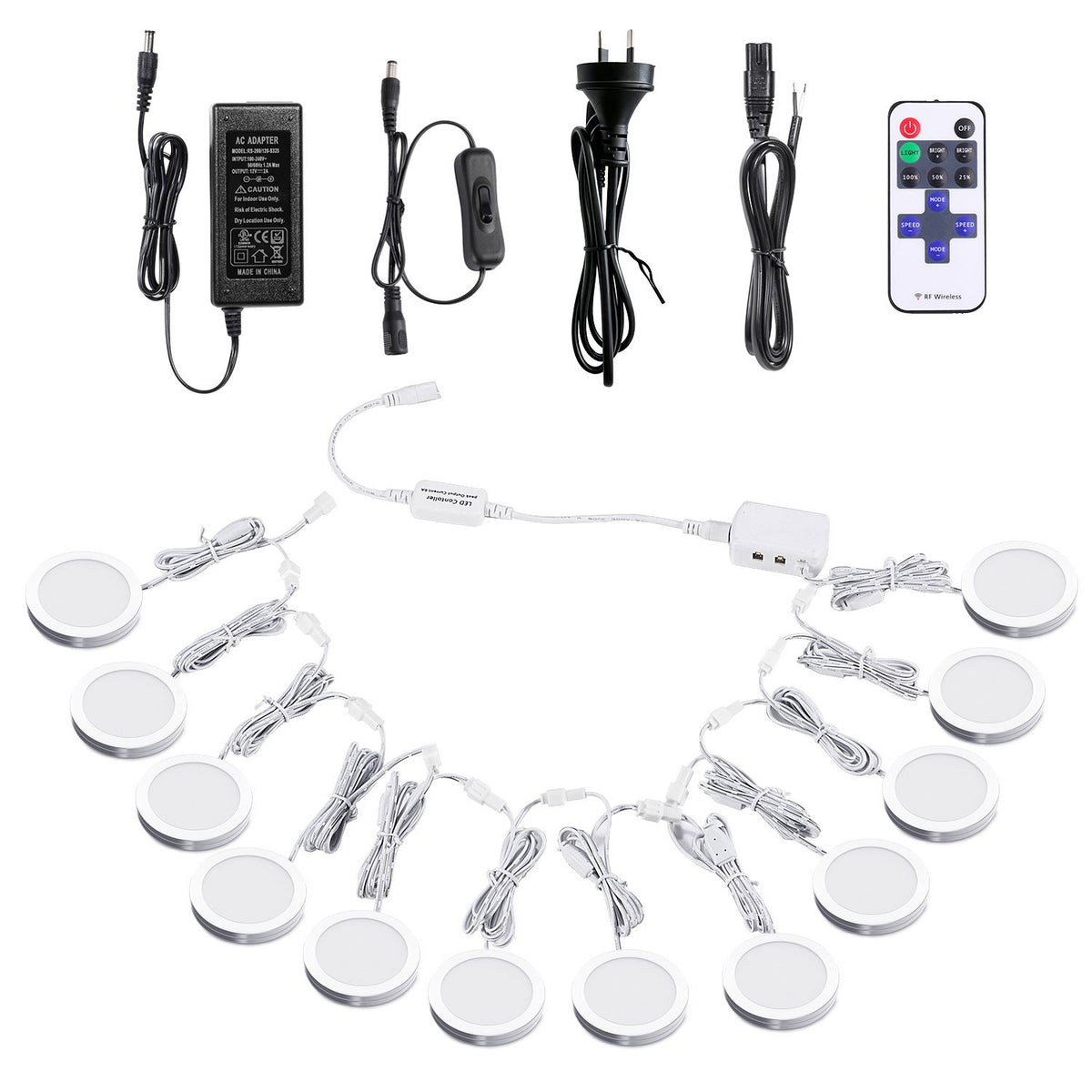 Linkable Under Cabinet LED Lighting 12V Dimmable Puck Lights with Wireless RF Remote Control, Hardwired &amp; AU Wall Plug in for Kitchen Mood Lighting (4000K Natural White, 12 Lights Kit)