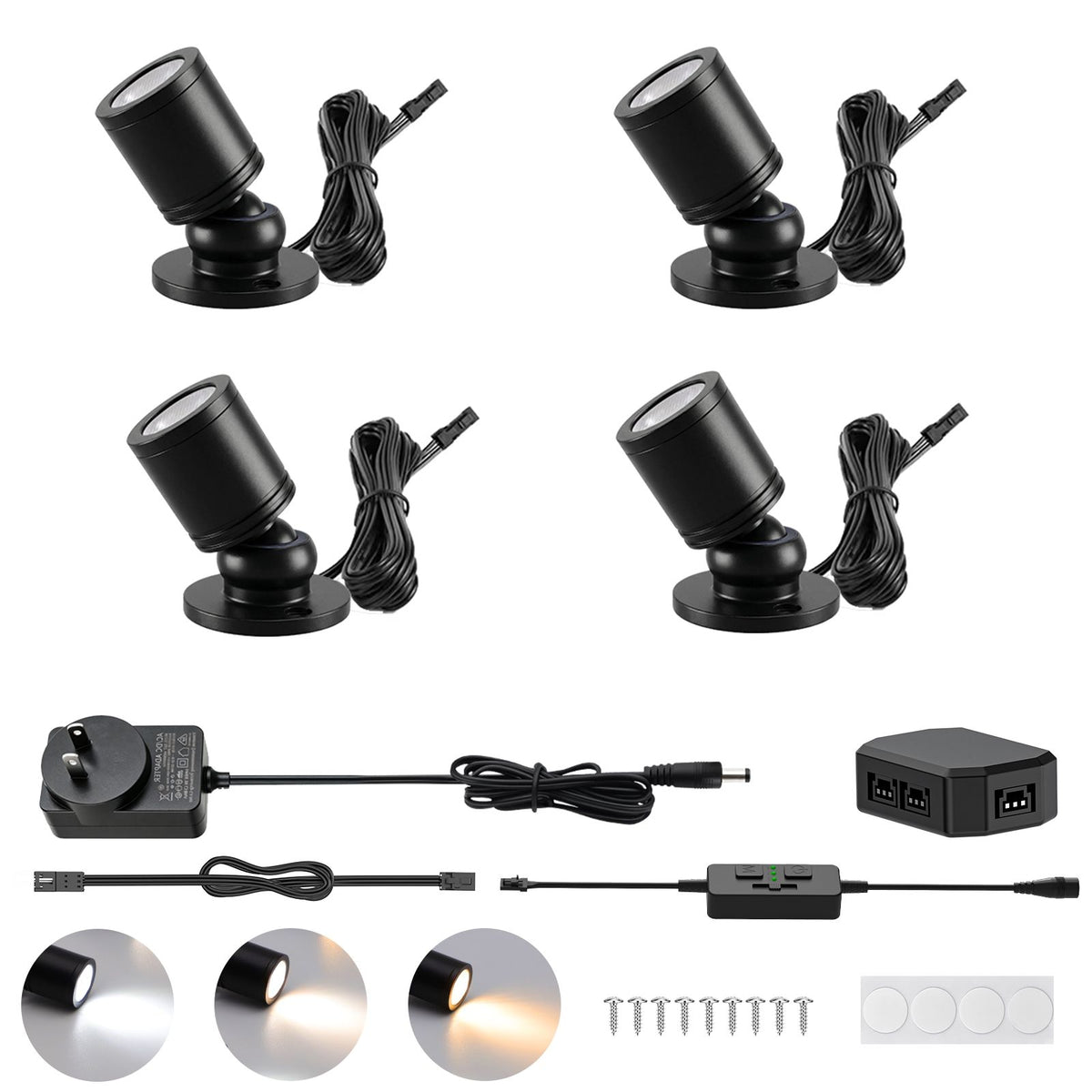Dimmable LED Mini Spotlight, 12V CCT 2700K-6000K, Adjustable for Display, Cabinet, Showcase, Artwork, 360° Rotatable Accent Lighting, Surface Mount with Slider Dimmer &amp; Adapter (CCT, 4Pack)