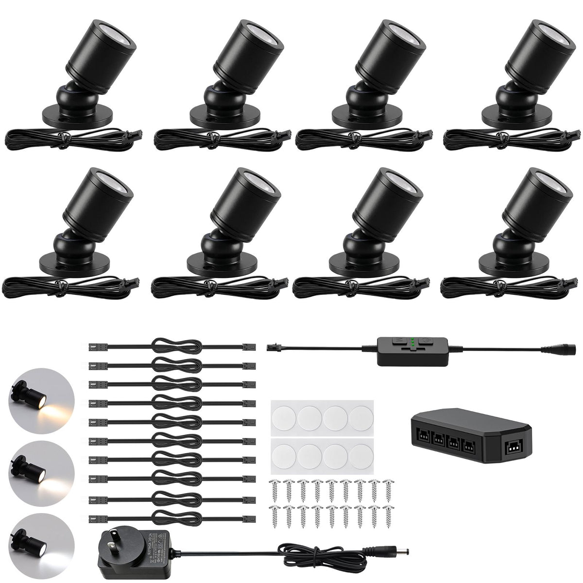 Dimmable LED Mini Spotlight, 12V CCT 2700K-6000K, Adjustable for Display, Cabinet, Showcase, Artwork, 360° Rotatable Accent Lighting, Surface Mount with Slider Dimmer &amp; Adapter (CCT, 8Pack)