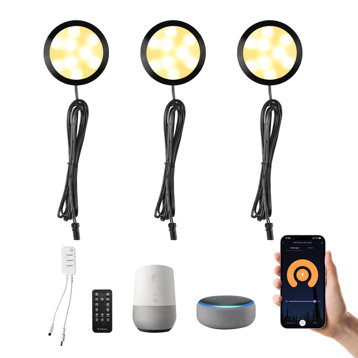 3 Pack Smart Under Cabinet Lights Hardwired,Dimmable LED Light for Kitchen Under Cabinet with Alexa Google Remote APP Control for Under Counter Lights for Cabinet Closets(Warm White)