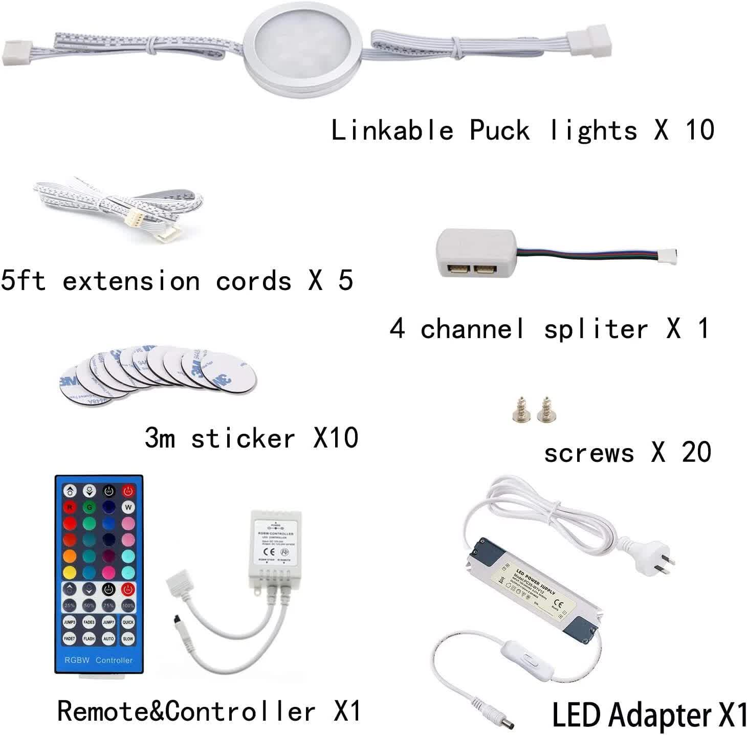 Under Counter LED Light Kit, RGBWW Under Cabinet Lighting, 10 Packs Colored Cabinet Lights with Wireless 40-Key IR Dimmable Remote Control (10 Lights)