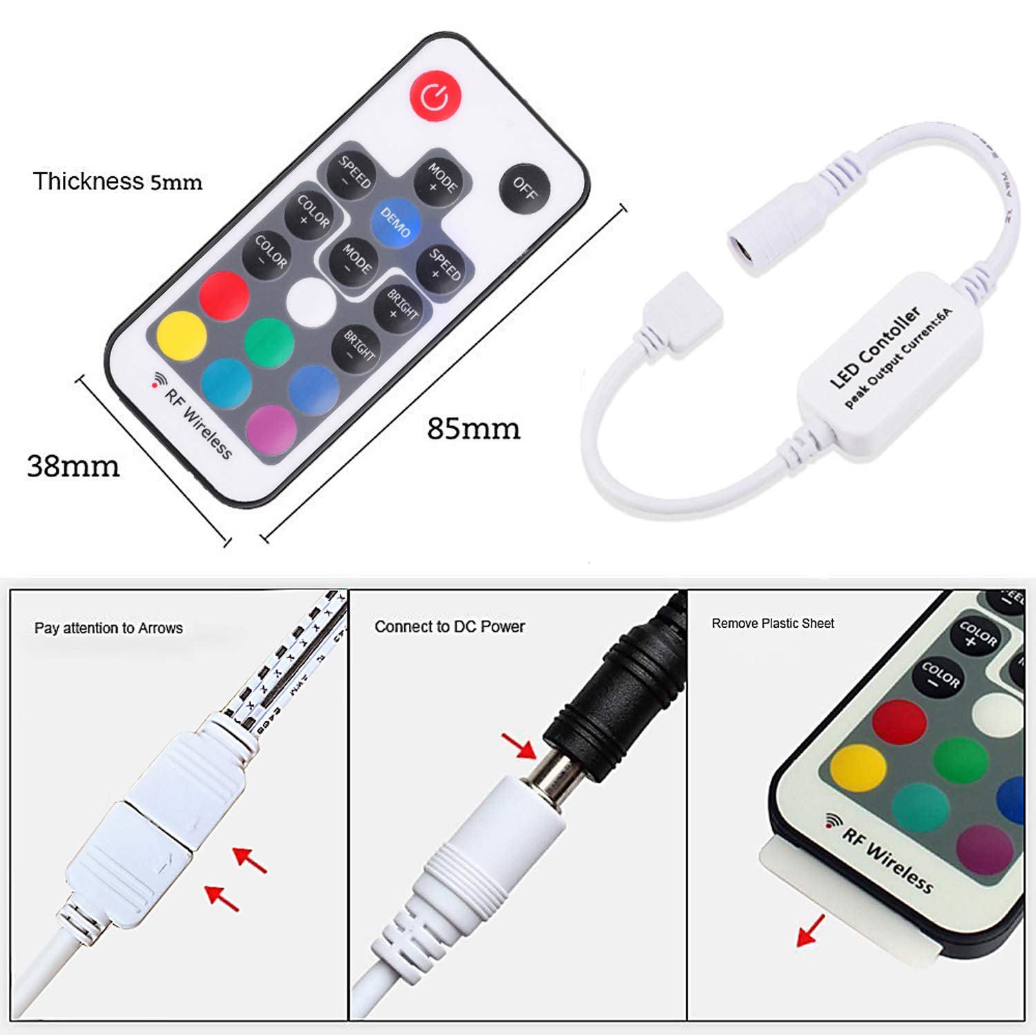 Mini Remote Controller for RGB Color LED Strip Lights, RF Dimmer for 12V DC LED Ribbon, LED Neon Sign, Wireless Remote Control for Dimmable 3528 5050 Under Cabinet Puck Lights(RGB)
