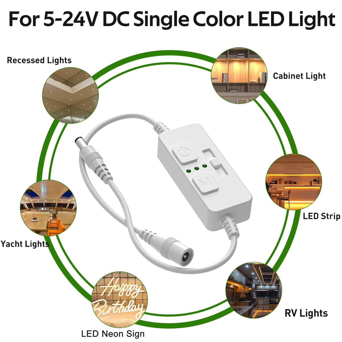 Single Color Slider Dimmer with Timer - PWM 1pc DC 5V/12V/24V LED Controller, 36W Max, Slide Brightness Control & Auto-Off for LED Strip Lights, Closet, Counter, Aquarium Lighting (White)