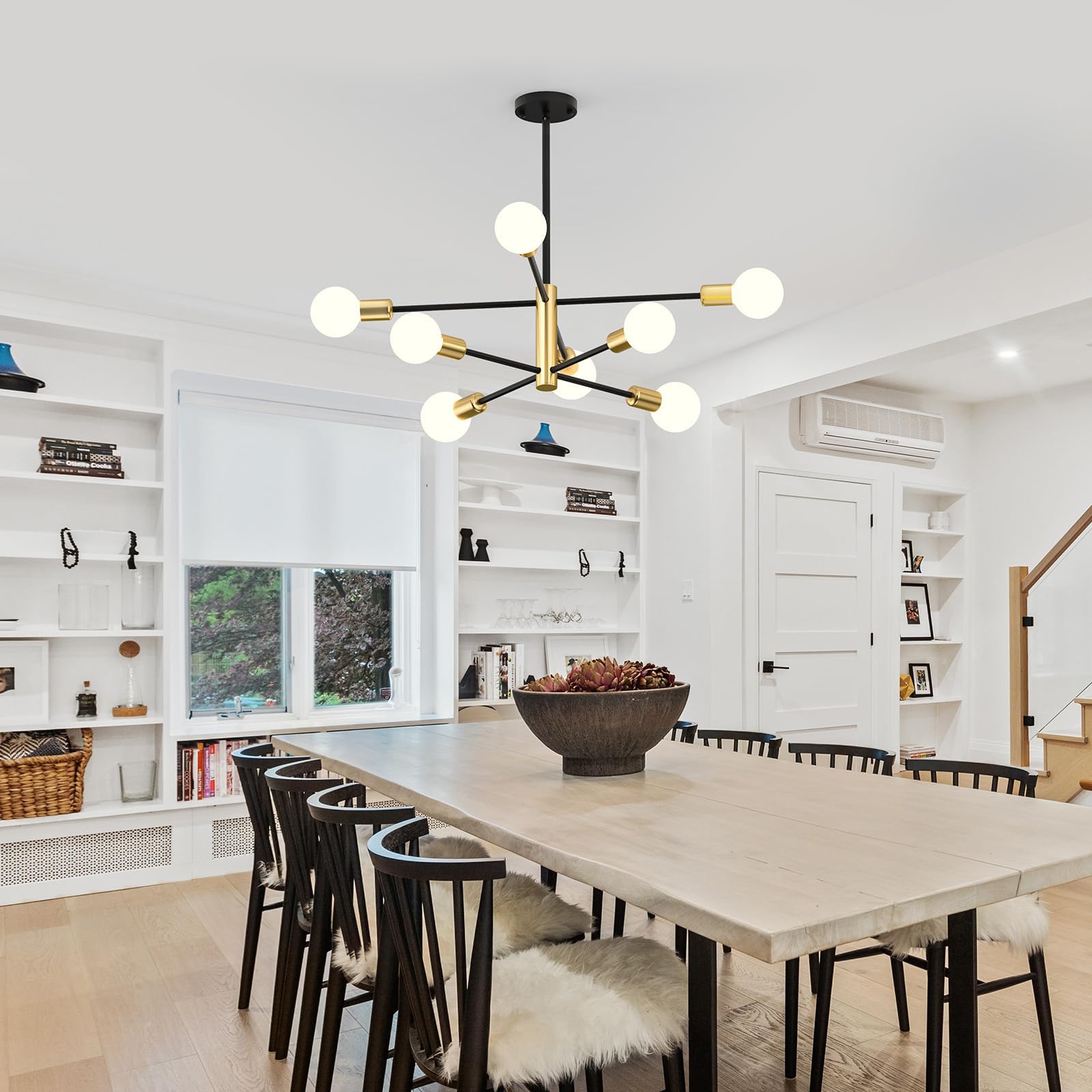 Modern Sputnik Chandelier 8 Lights Height Adjustable Ceiling Light Fixture Mid-Century Modern Gold Chandelier for Dining Room Bedroom Kitchen Living Room with Sloped Ceiling Adapter