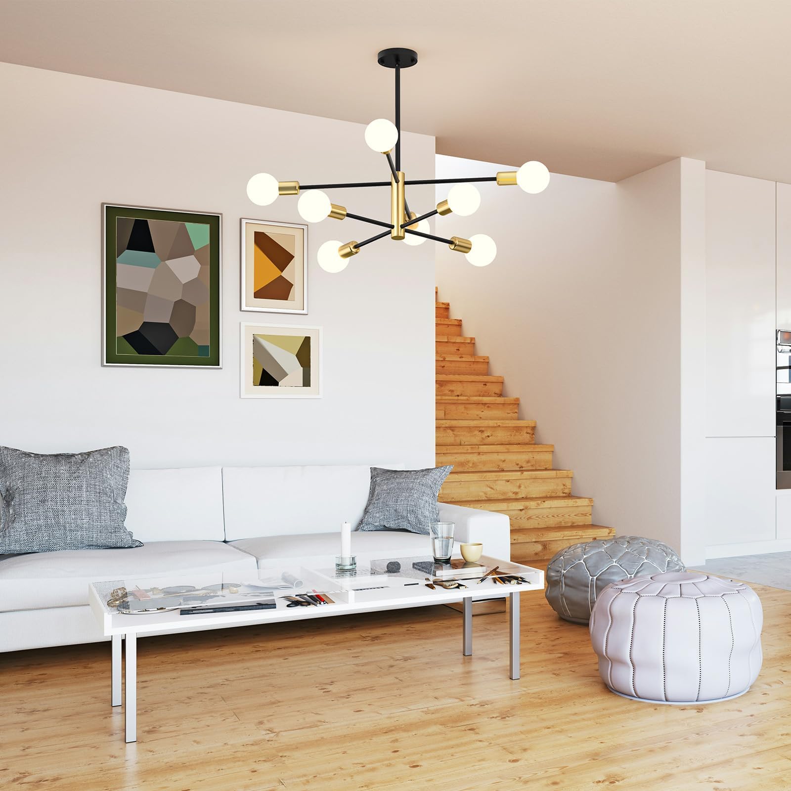 Modern Sputnik Chandelier 8 Lights Height Adjustable Ceiling Light Fixture Mid-Century Modern Gold Chandelier for Dining Room Bedroom Kitchen Living Room with Sloped Ceiling Adapter