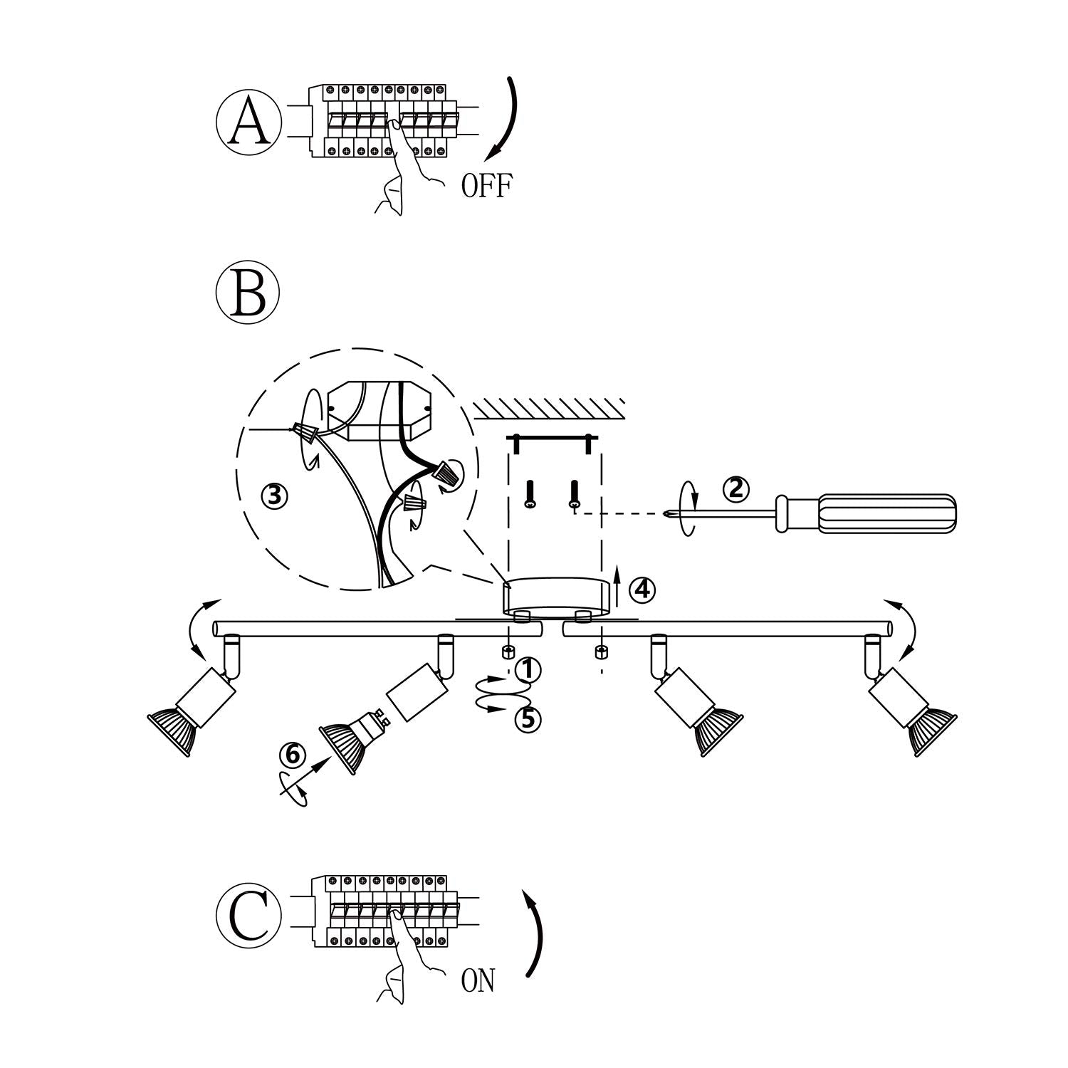 LED Ceiling Light,4 Way Rotatable Spot Lights for Ceiling,Flexible Ceiling Lights for Bedroom,Living Room, Black with Protectiv Bulb Trims(Gu10 Bulbs Not Included)