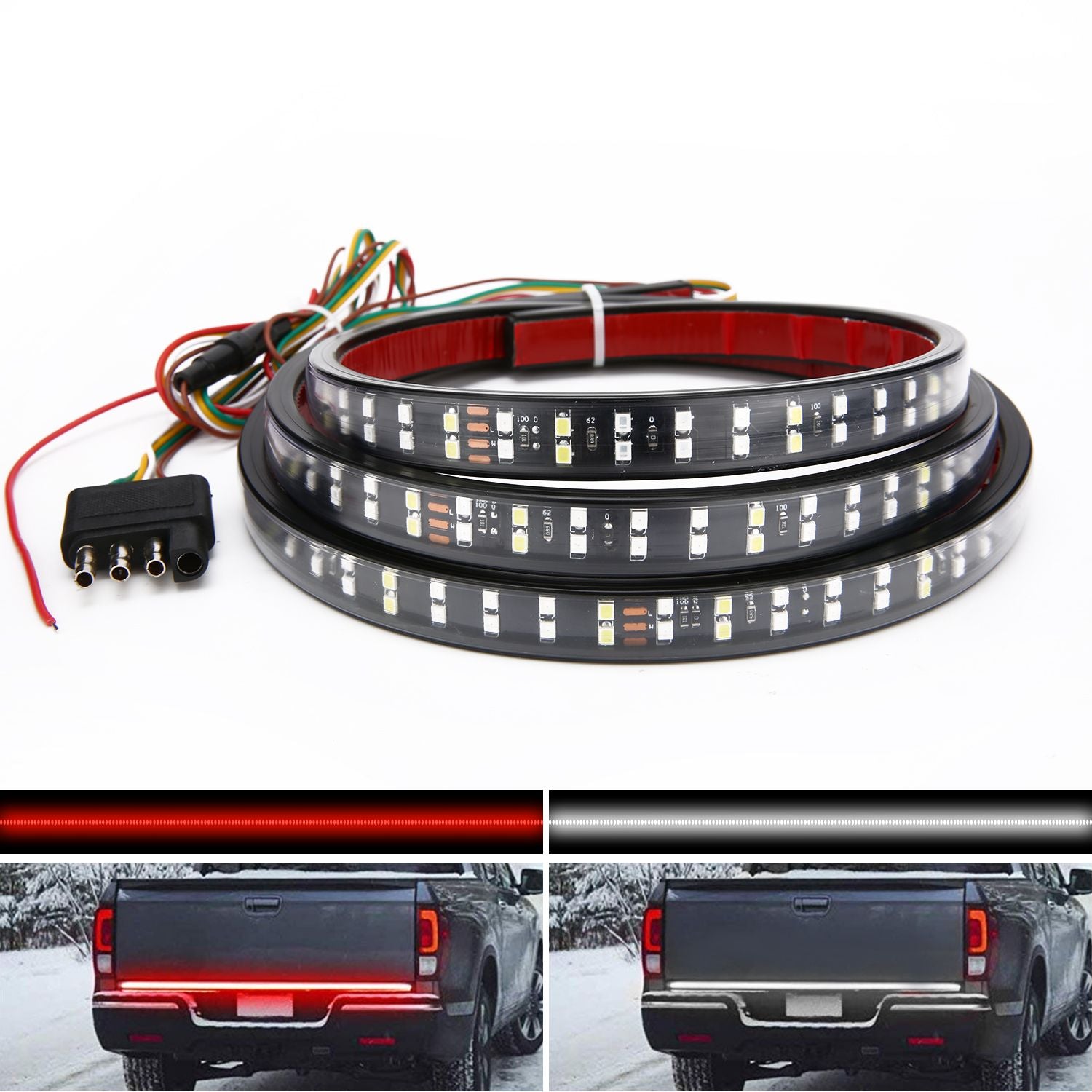 Double Row 60 inch 264 pcs LED for Pick up/Truck Tailgate Light Bar Side Bed Light Strip Bar IP67 Waterproof Reverse- 5 Functions Tail/Brake/Turn Signals/Reverse