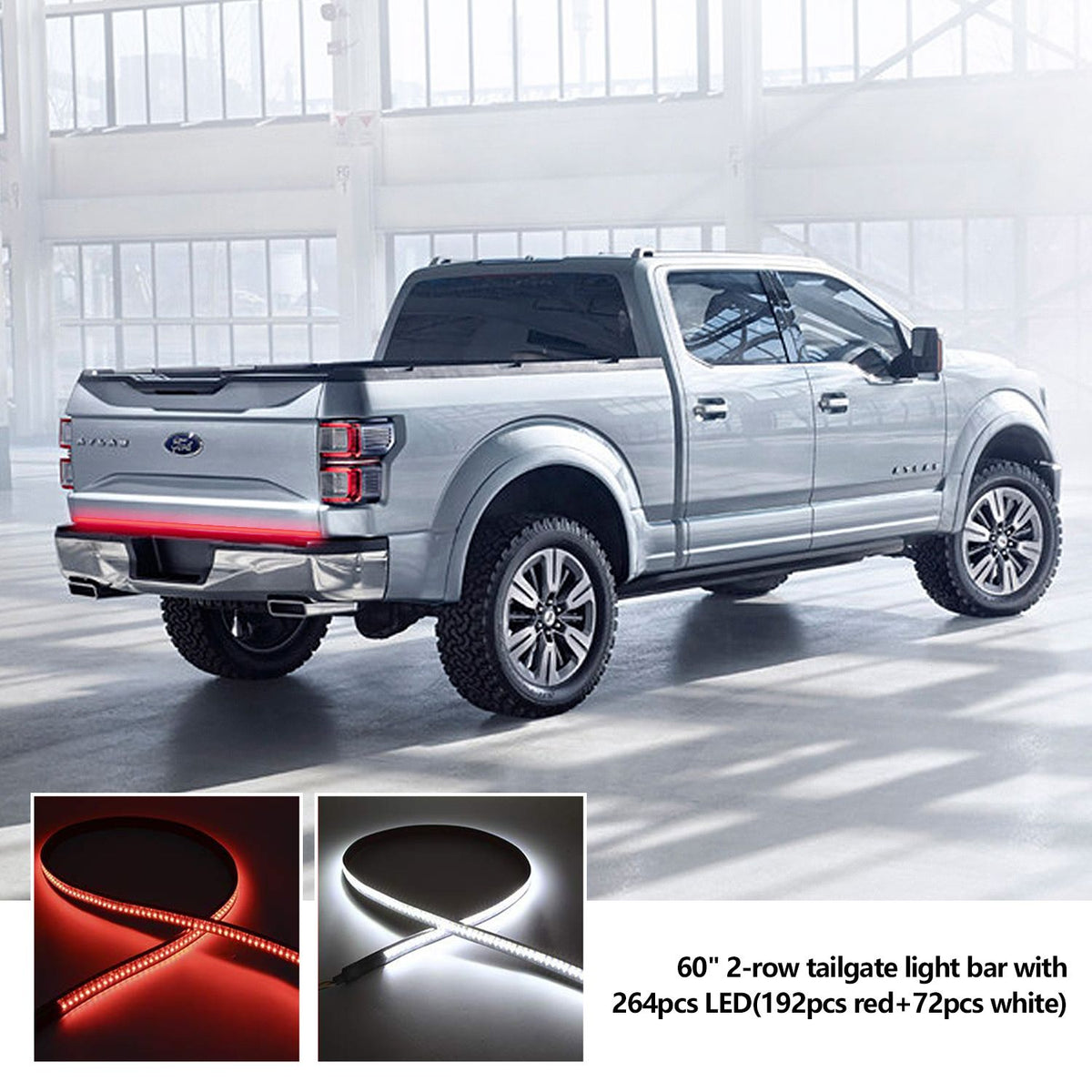 Double Row 60 inch 264 pcs LED for Pick up/Truck Tailgate Light Bar Side Bed Light Strip Bar IP67 Waterproof Reverse- 5 Functions Tail/Brake/Turn Signals/Reverse