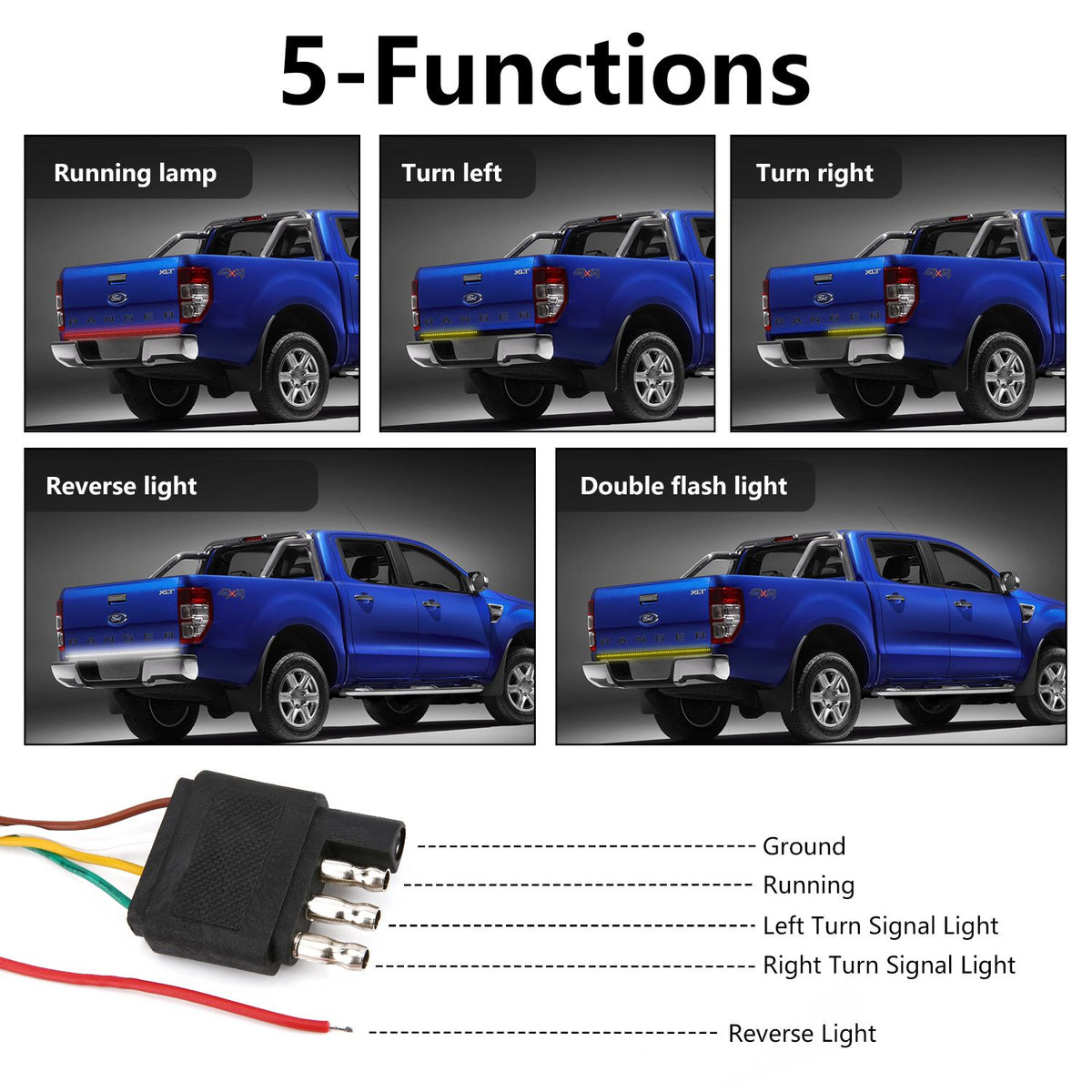 Tailgate Light Bar 60 Inch Triple Row Tail light bar for Pickup Trailer SUV RV VAN Full Function Red Brake White Reverse Amber Turn Signal double flash Light No Drill Install (60inch)