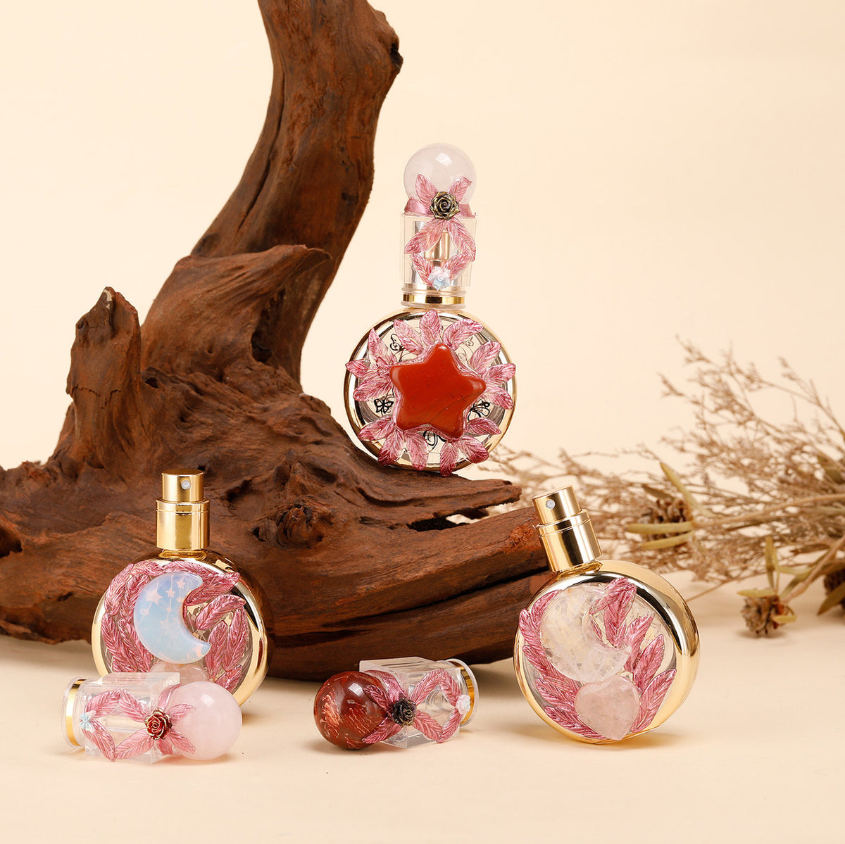 Healing natural crystal perfume bottle(25ml)-rose quartz aventurine Moon style
