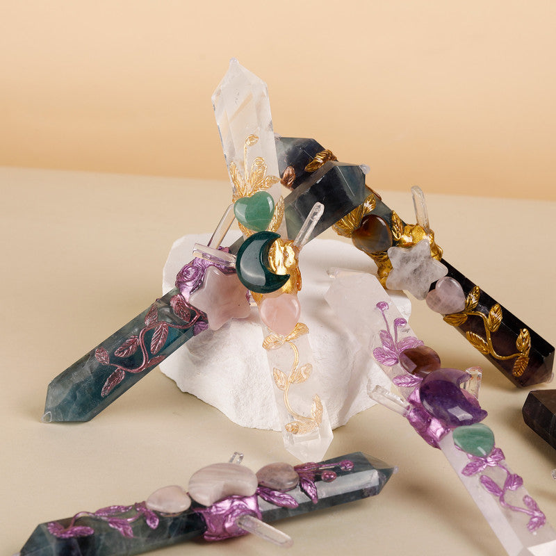 Handmade Crystal Wand Natural Stone Scepter Raw Gemstone Magic Wand Healing Tool White Crystal B