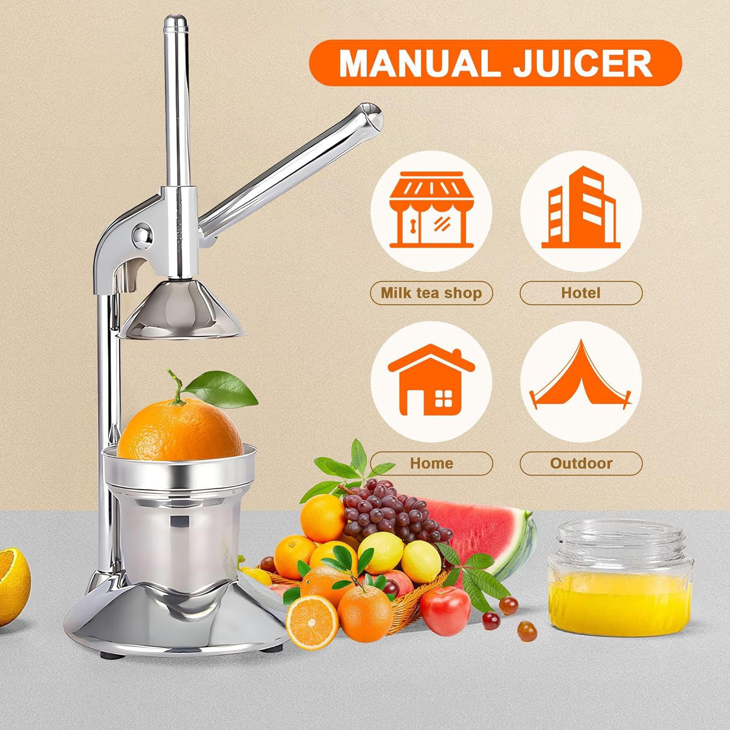 Manual Juicer Press | Stainless Steel, Commercial Grade & Easy to Clean, Hand Press for Citrus/Orange, Professional Fruit Squeezer, Silver