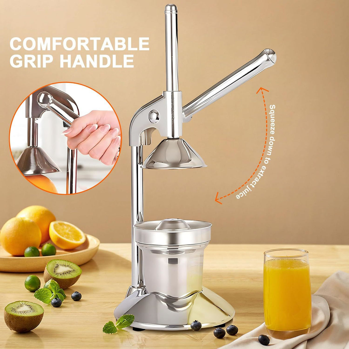 Manual Juicer Press | Stainless Steel, Commercial Grade & Easy to Clean, Hand Press for Citrus/Orange, Professional Fruit Squeezer, Silver