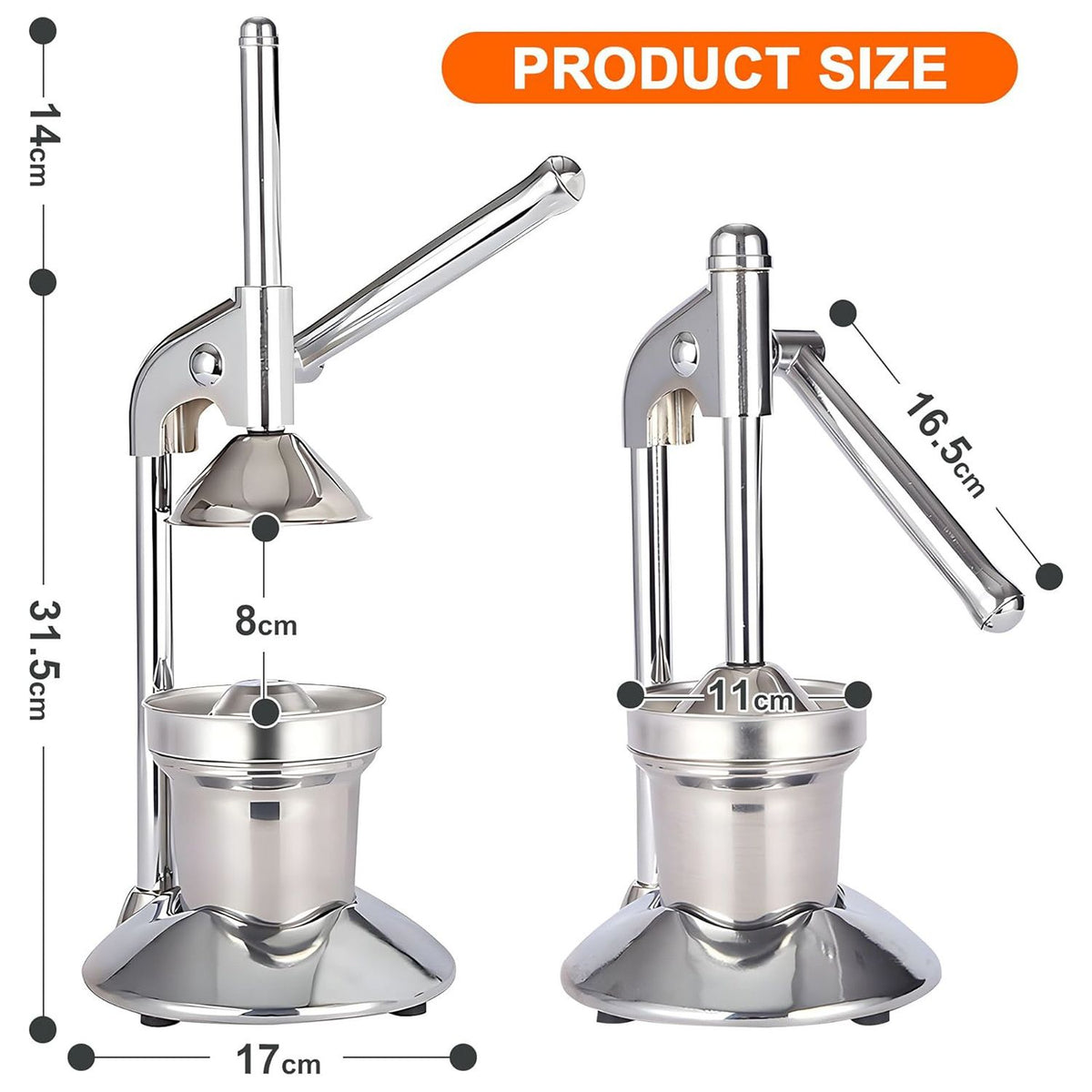 Manual Juicer Press | Stainless Steel, Commercial Grade & Easy to Clean, Hand Press for Citrus/Orange, Professional Fruit Squeezer, Silver