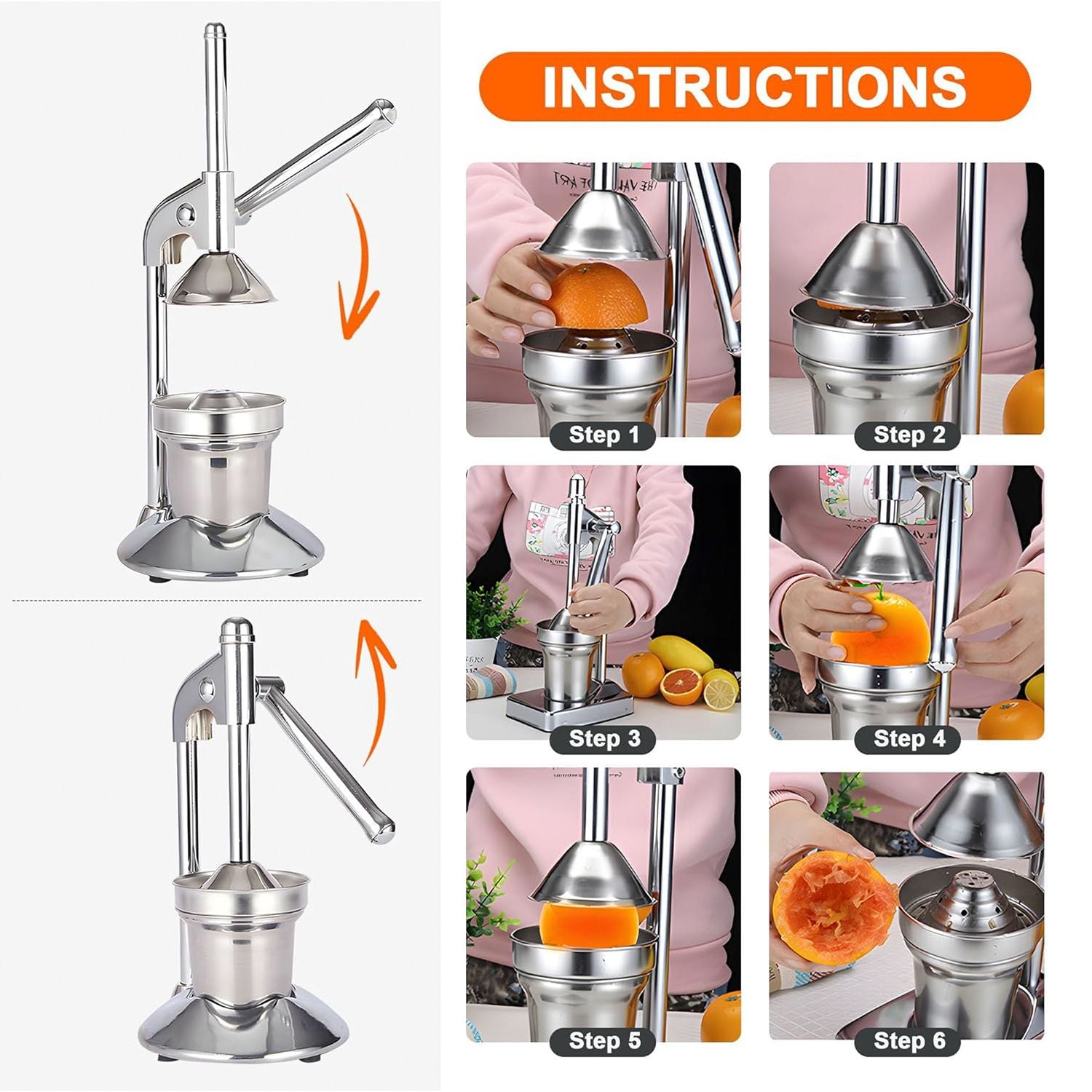 Manual Juicer Press | Stainless Steel, Commercial Grade & Easy to Clean, Hand Press for Citrus/Orange, Professional Fruit Squeezer, Silver