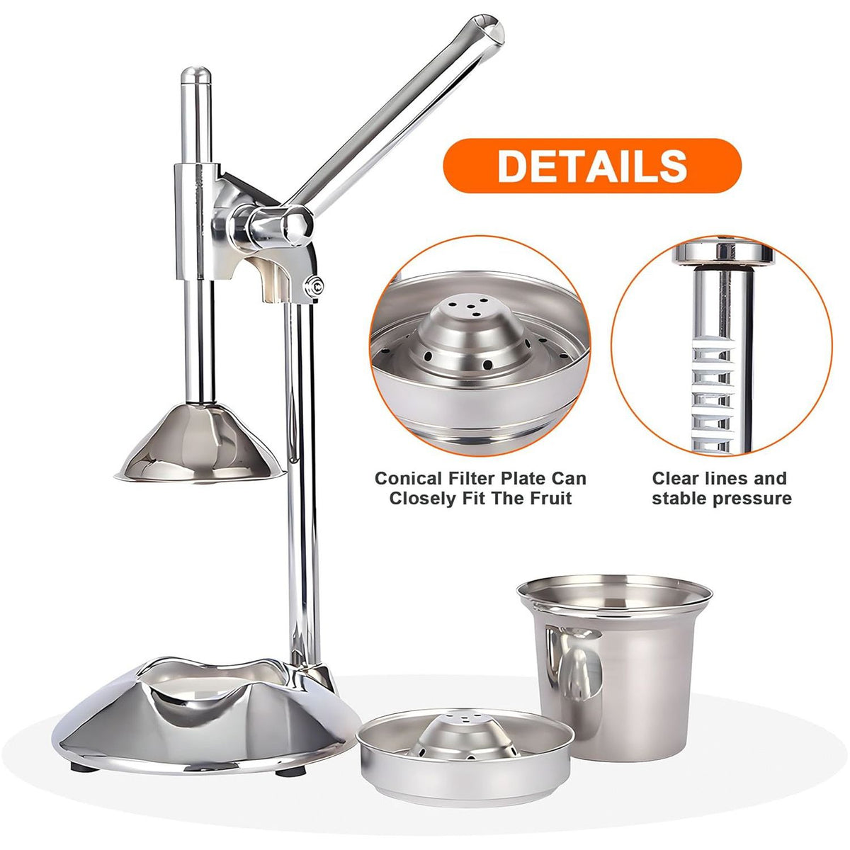 Manual Juicer Press | Stainless Steel, Commercial Grade & Easy to Clean, Hand Press for Citrus/Orange, Professional Fruit Squeezer, Silver