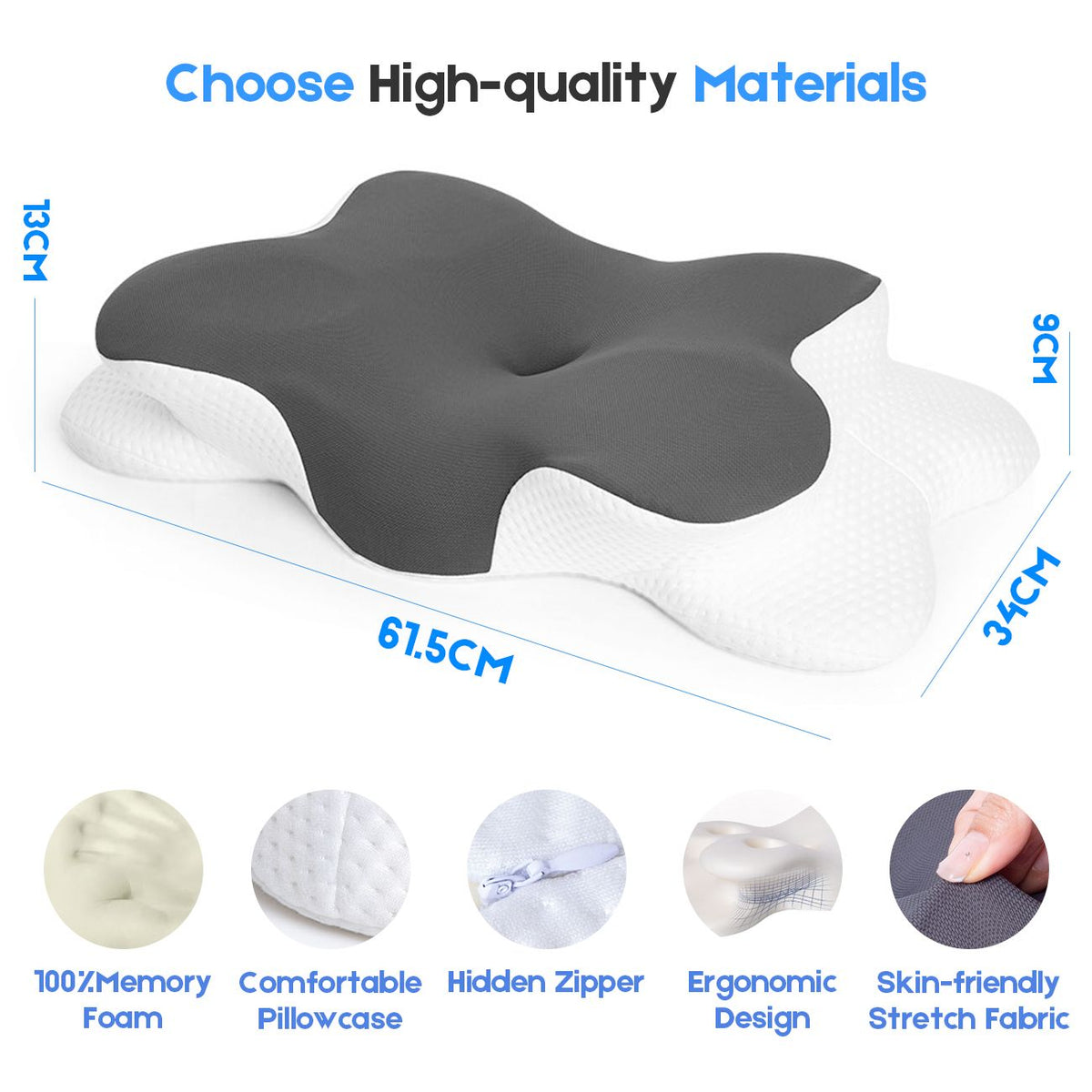Cervical Pillow with Memory Foam, Ergonomic Contour Neck Support, 2-in-1 Dual Height, Pressure Relief, Grey