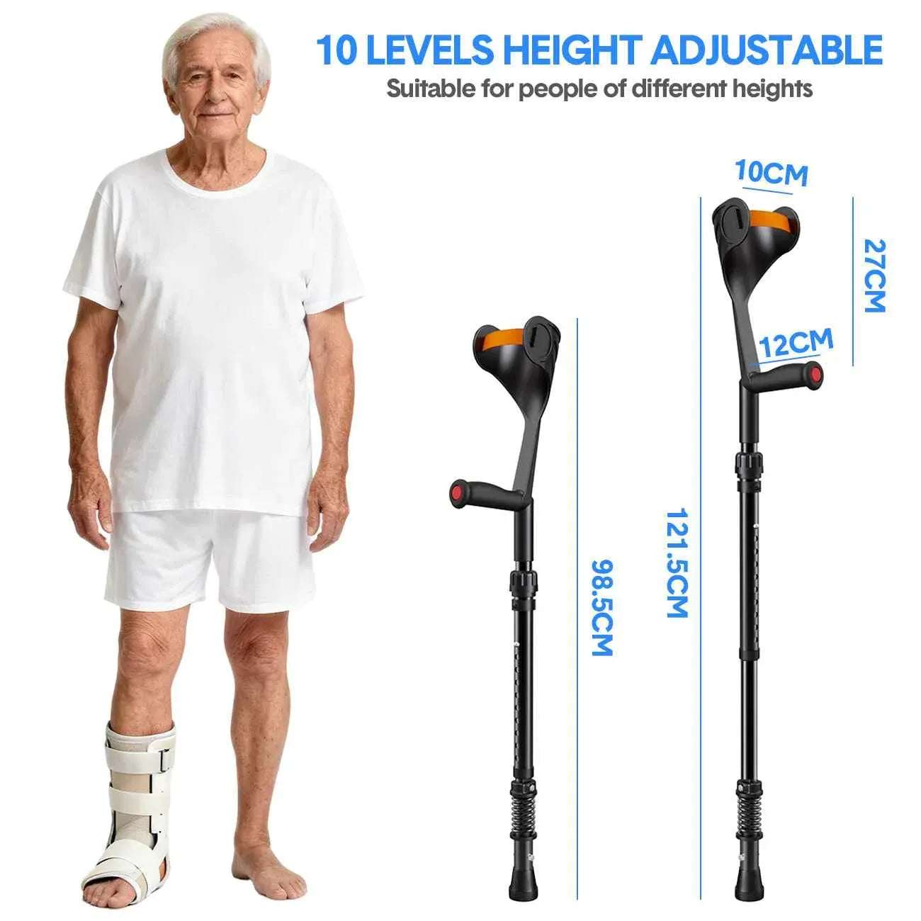 Pair of Adjustable Forearm Crutches for Adults, Lightweight Portable Walking Crutches with Spring Cushioning Design, Black