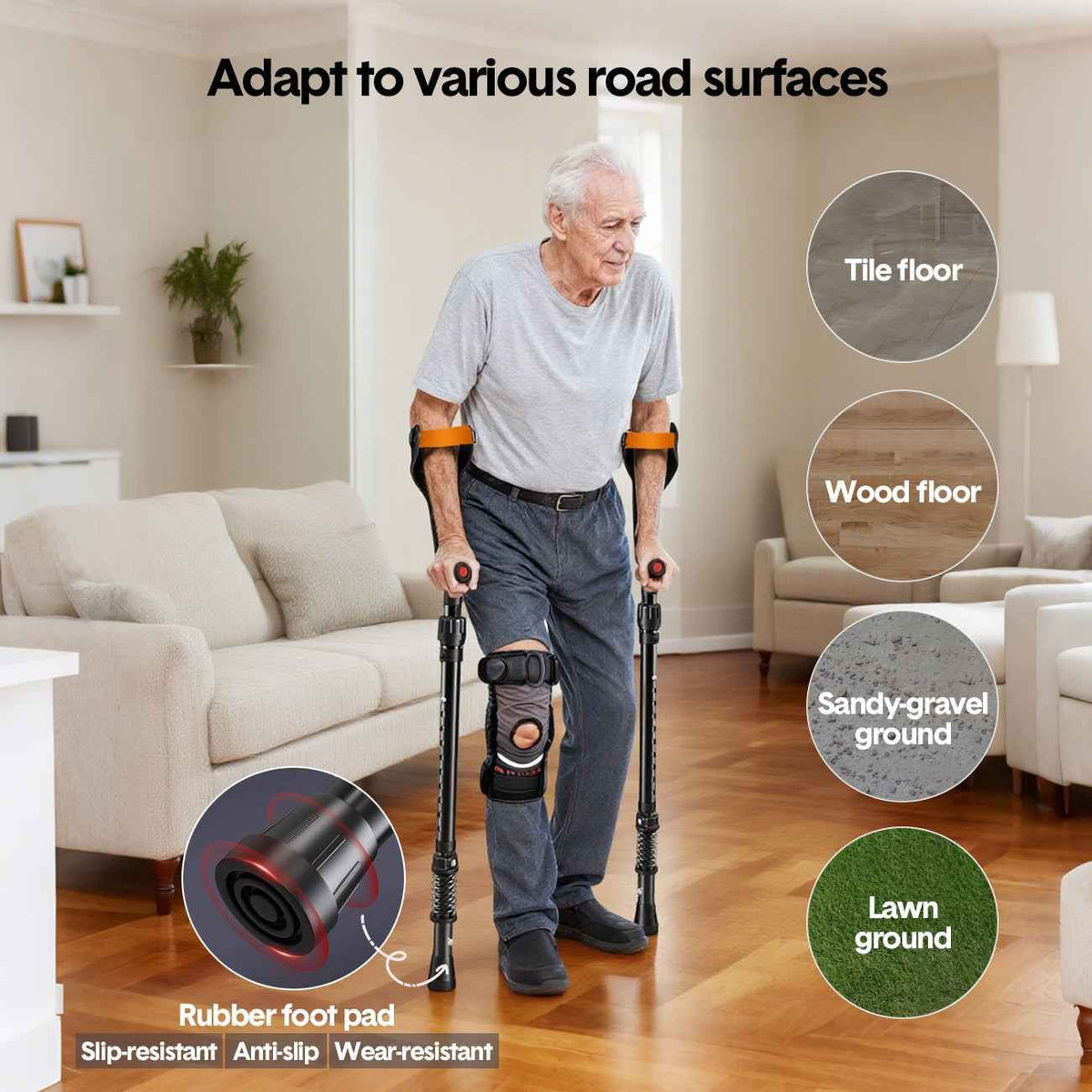 Pair of Adjustable Forearm Crutches for Adults, Lightweight Portable Walking Crutches with Spring Cushioning Design, Black