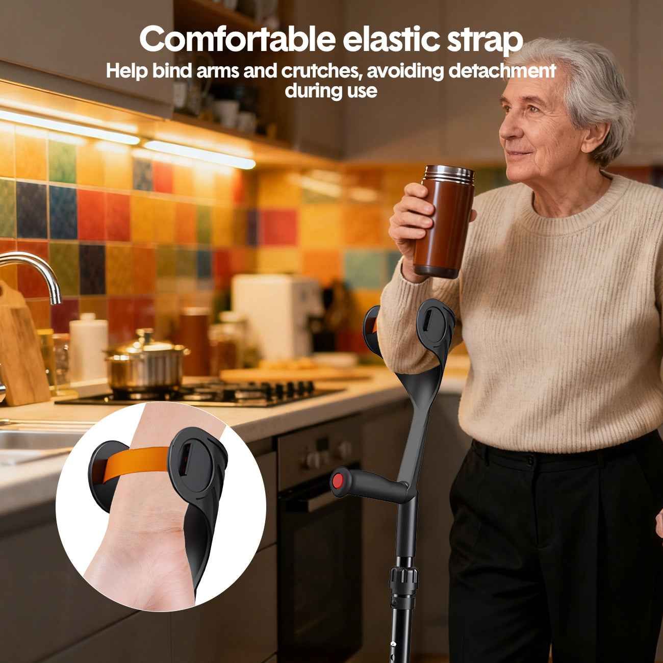 Pair of Adjustable Forearm Crutches for Adults, Lightweight Portable Walking Crutches with Spring Cushioning Design, Black