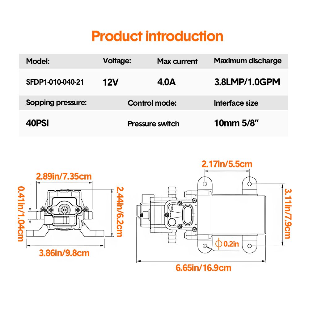 12V Water Pressure Diaphragm Pump 3.8LPM 40PSI Self-Priming Water Pump for RV Caravan Marine Camping