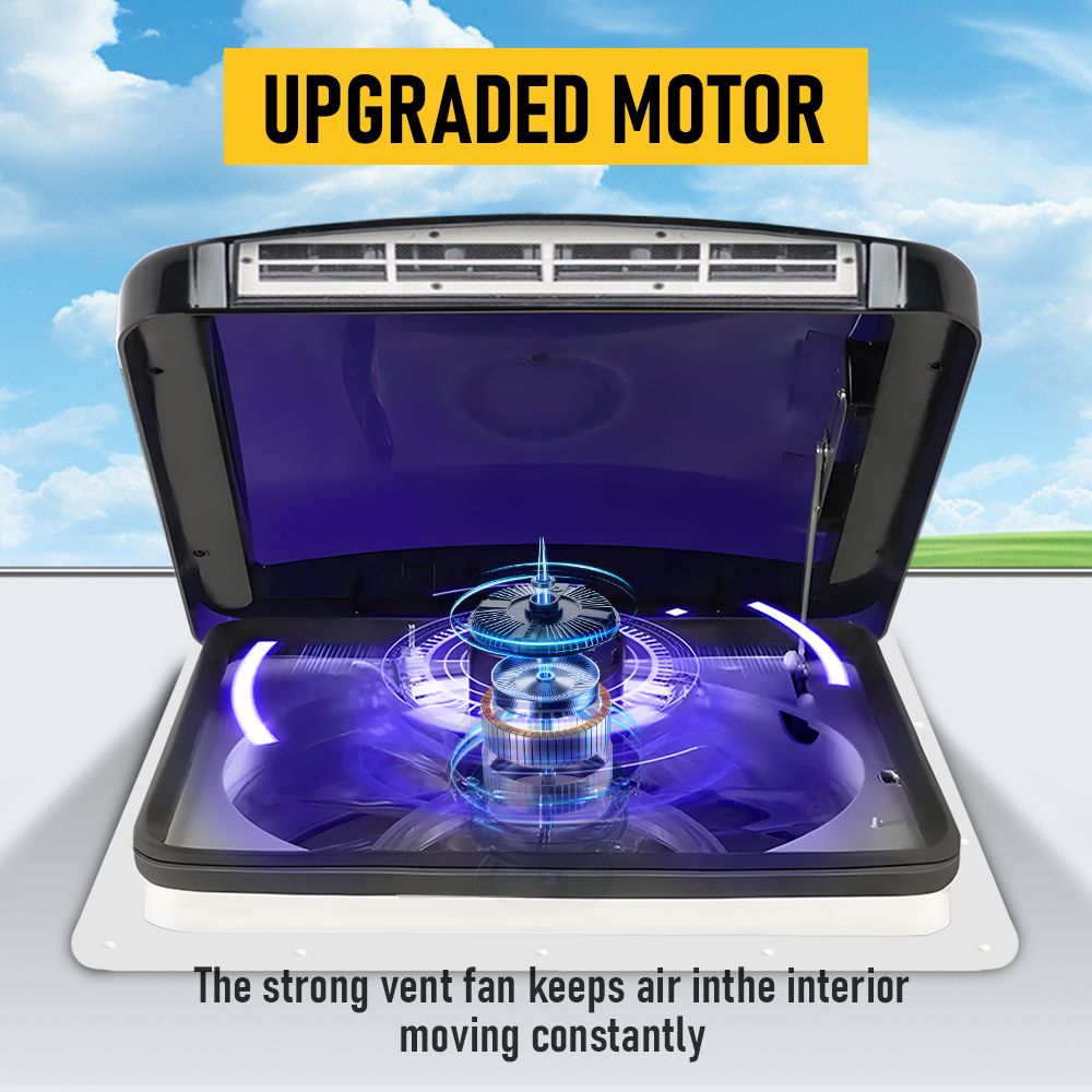 12V Caravan Roof Vent Fan with LED Light & Reversible Airflow – Waterproof Rain-Proof Hatch Exhaust Fan with Screen for RV, Motorhome & Campervan Shower