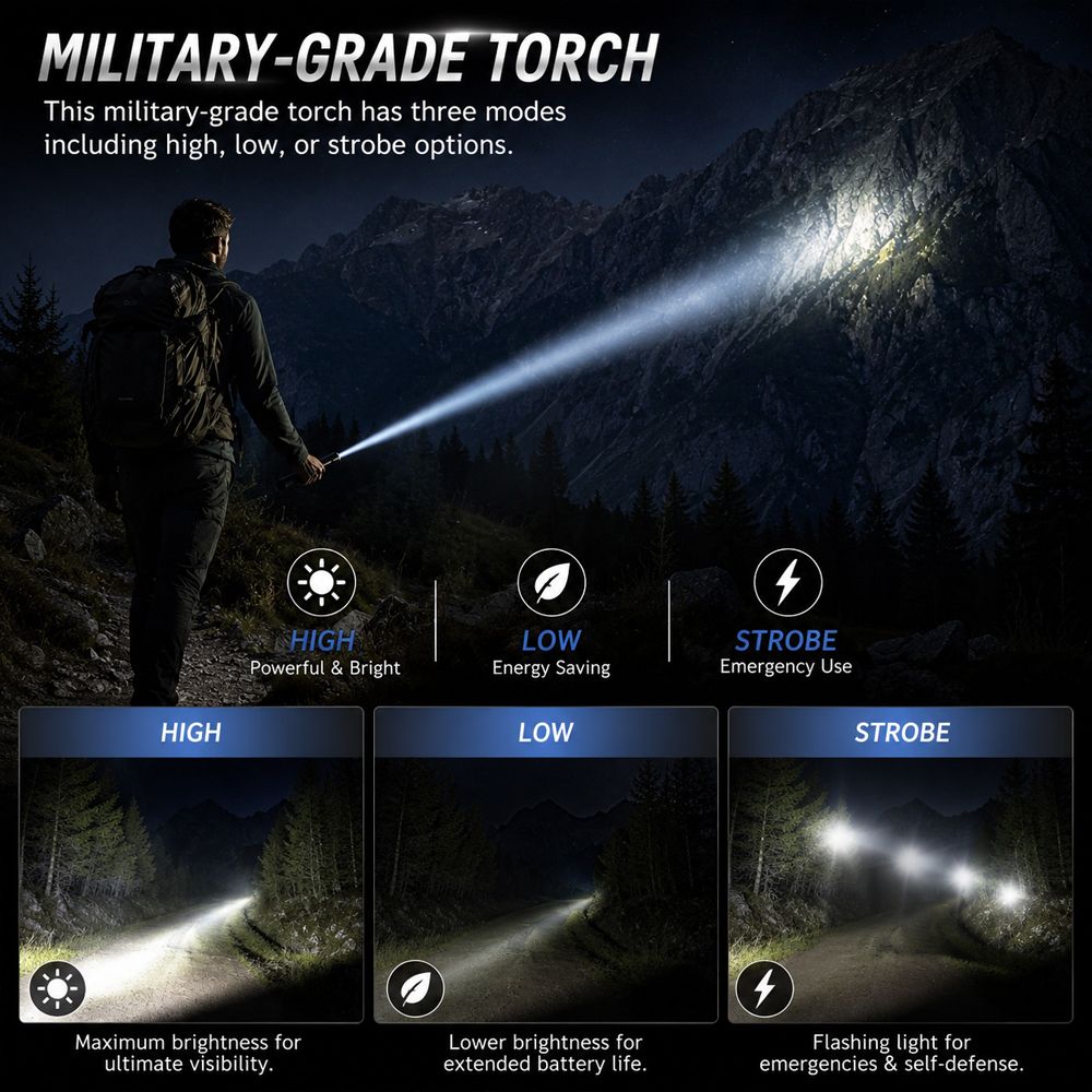 35cm Aluminium LED Torch Flashlight with High Low Strobe Modes, AA Batteries Included, Lightweight Camping Emergency Safety Light – Gunmetal