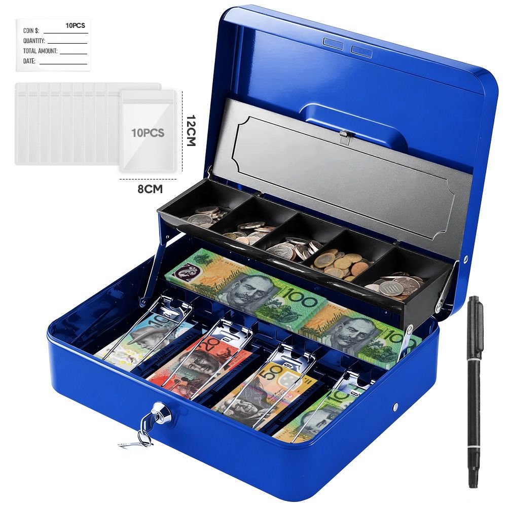 Lockable Cash Box with Coin Tray – Durable Metal Money Box with Key Lock for Bills &amp; Change – Blue