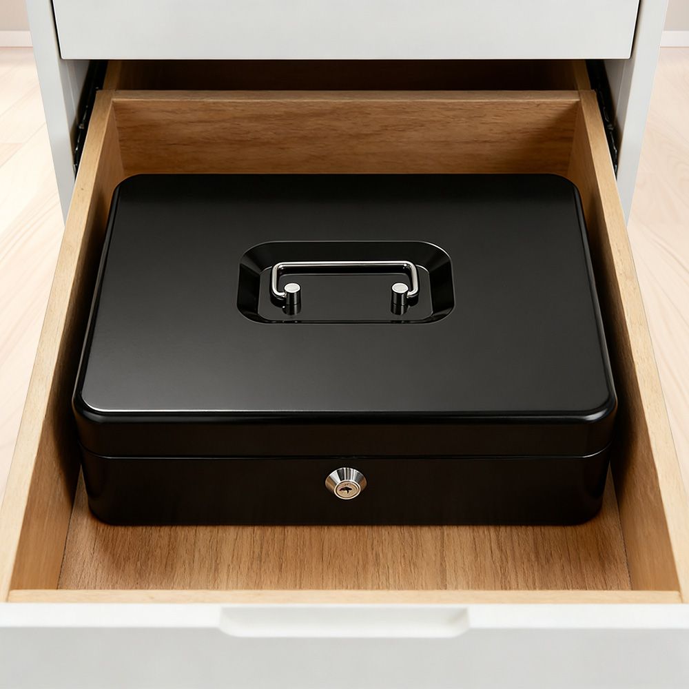 Lockable Cash Box with Coin Tray – Durable Metal Money Box with Key Lock for Bills & Change – Blue