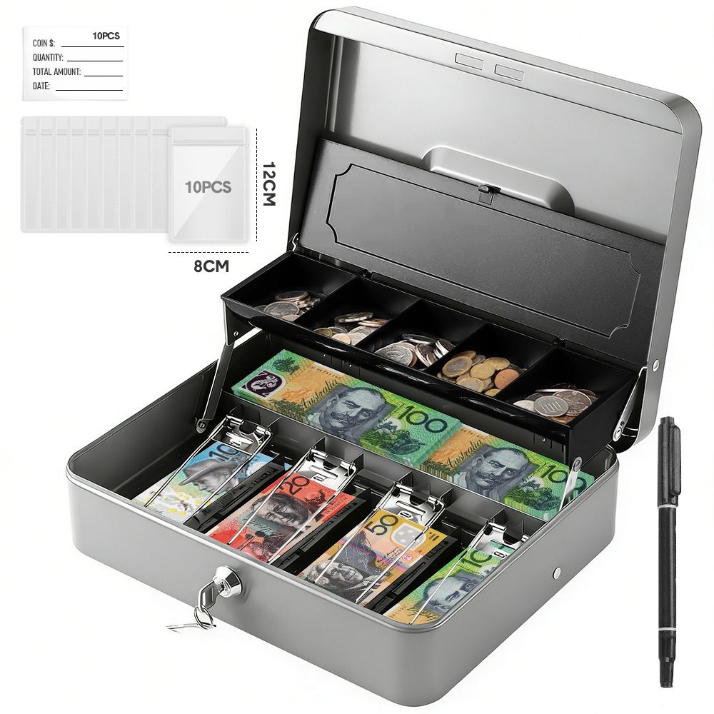 Lockable Cash Box with Coin Tray – Durable Metal Money Box with Key Lock for Bills &amp; Change – Grey