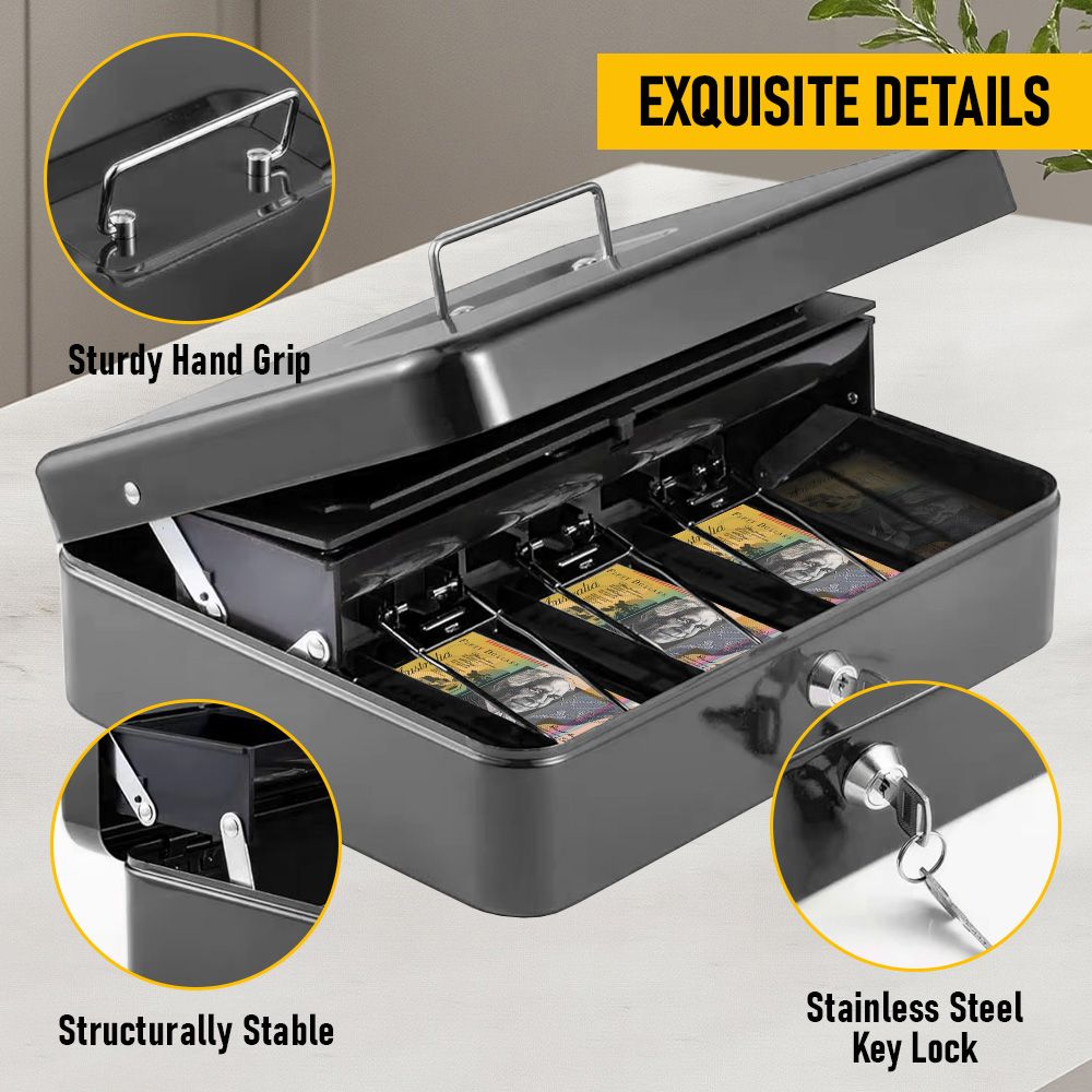 Lockable Cash Box with Coin Tray – Durable Metal Money Box with Key Lock for Bills & Change – Grey