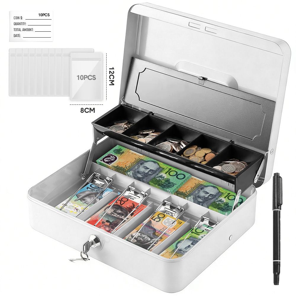 Lockable Cash Box with Coin Tray – Durable Metal Money Box with Key Lock for Bills &amp; Change – White