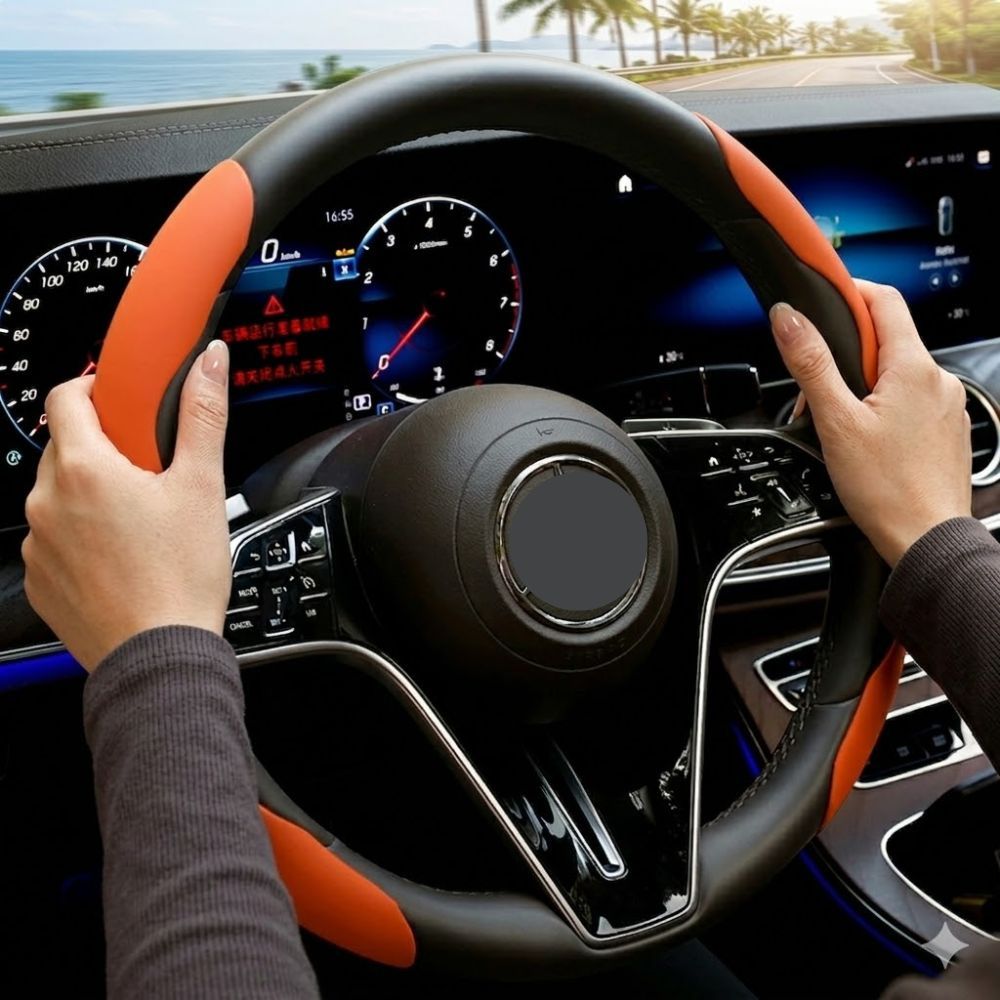 2Pcs Soft Breathable Anti-Slip Faux Leather Steering Wheel Protector Car Cover- Orange