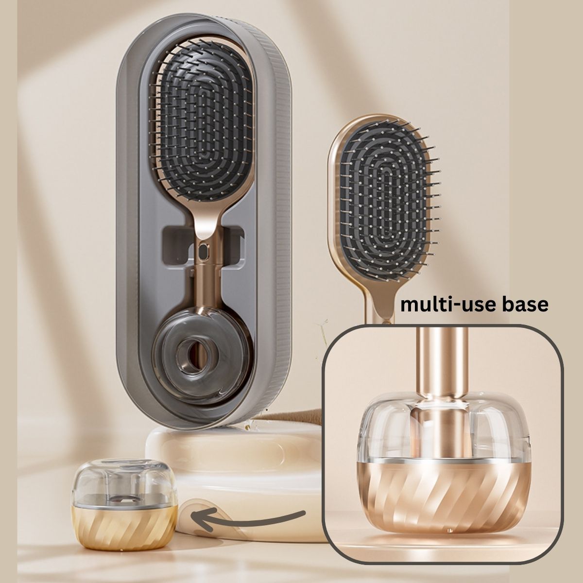 Air Cushion Massage Hair Brush Set with Wall Mount Holder Base - Black