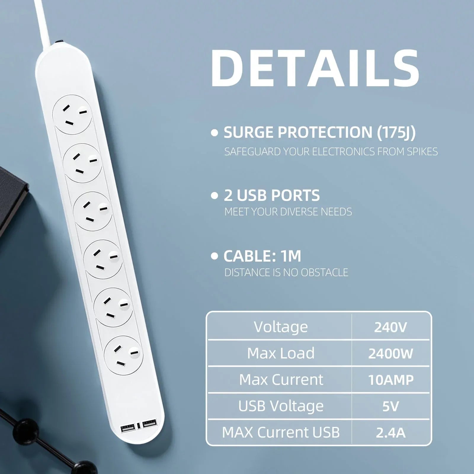 6 Outlet Powerboard With Surge Protection and Dual USB Charger 1M Lead Cable