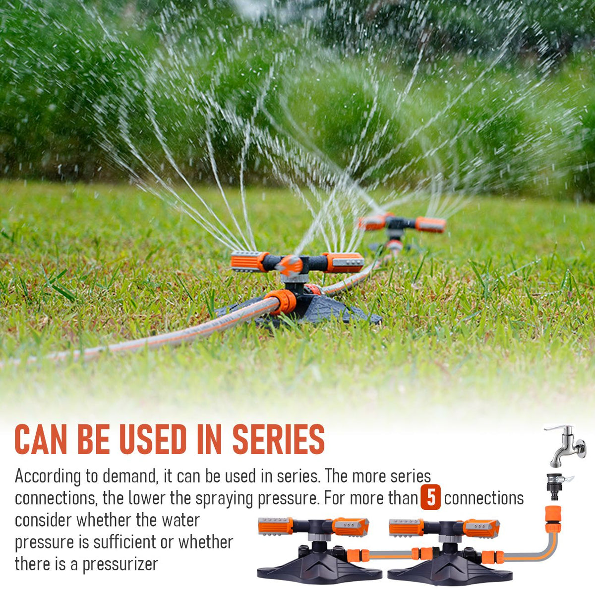 360° Garden Sprinkler 3-Arm Adjustable Lawn Water Sprinkler 36 Nozzles 200㎡