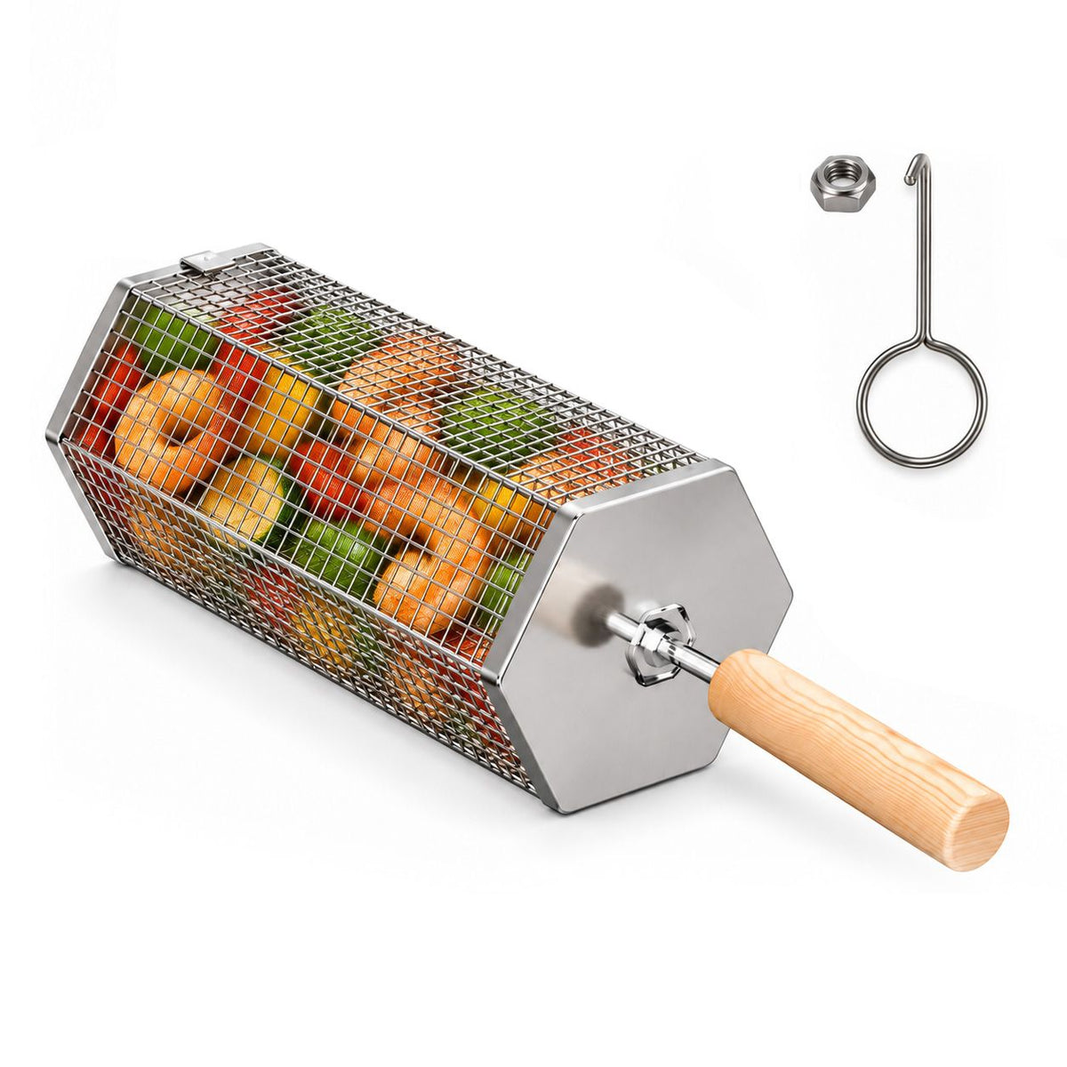 Rolling Grill Basket with Removable Handle, 304 Stainless Steel BBQ Grilling Basket for Vegetables, Fish, Shrimp &amp; Meat