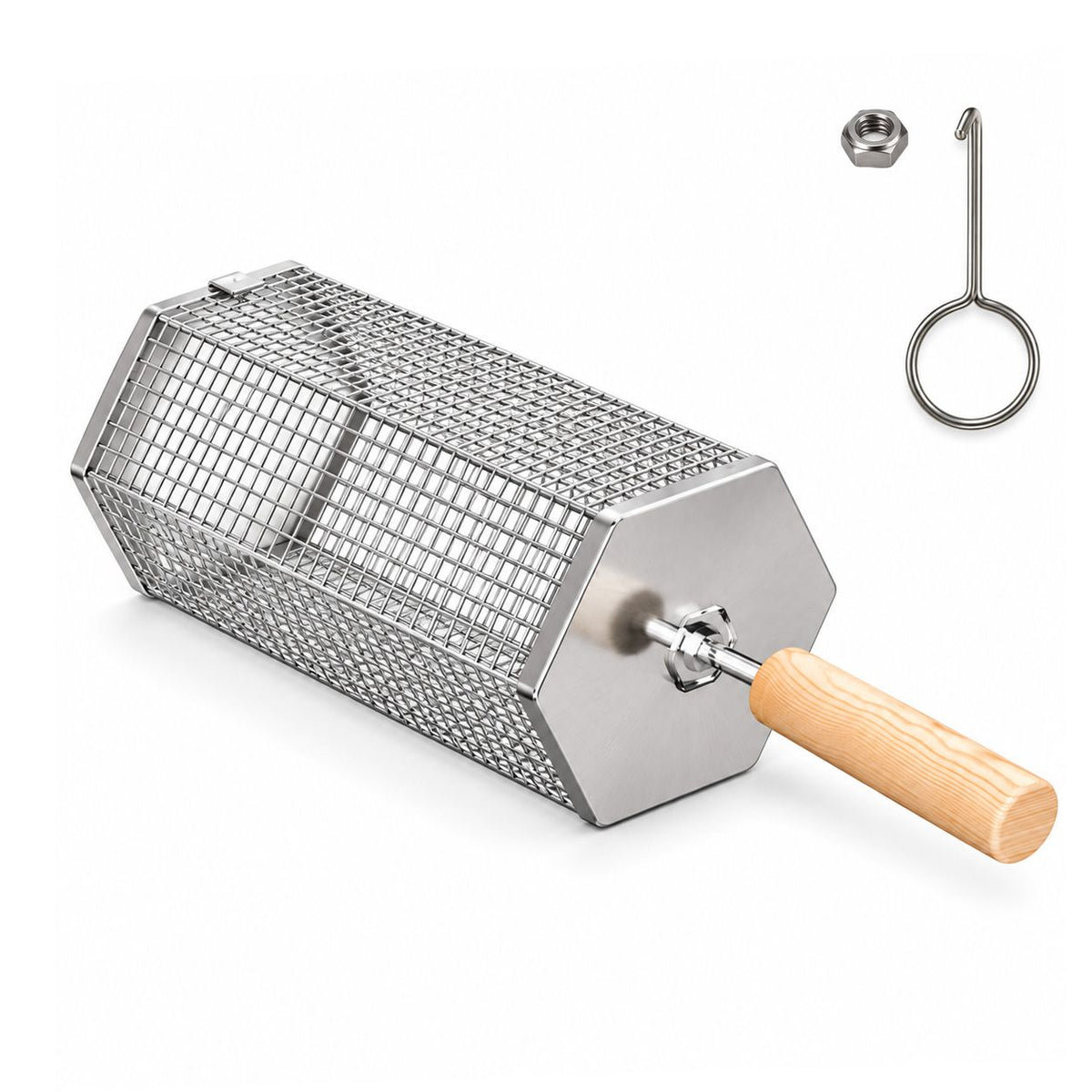 Rolling Grill Basket with Removable Handle, 304 Stainless Steel BBQ Grilling Basket for Vegetables, Fish, Shrimp & Meat