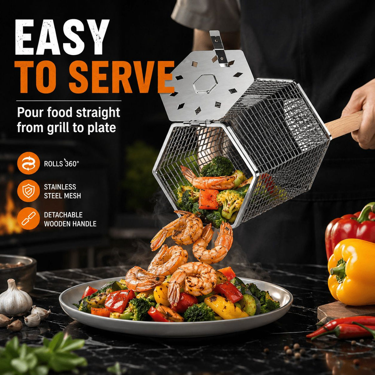 Rolling Grill Basket with Removable Handle, 304 Stainless Steel BBQ Grilling Basket for Vegetables, Fish, Shrimp & Meat