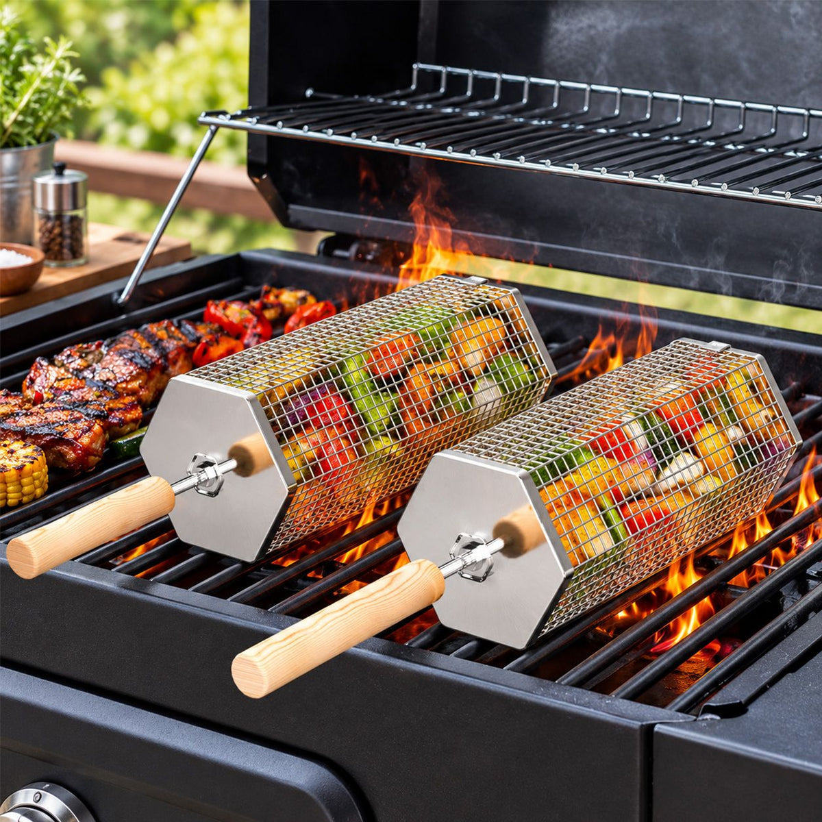 2Pcs Rolling Grill Basket with Removable Handle, 304 Stainless Steel BBQ Grilling Basket for Vegetables, Fish, Shrimp &amp; Meat