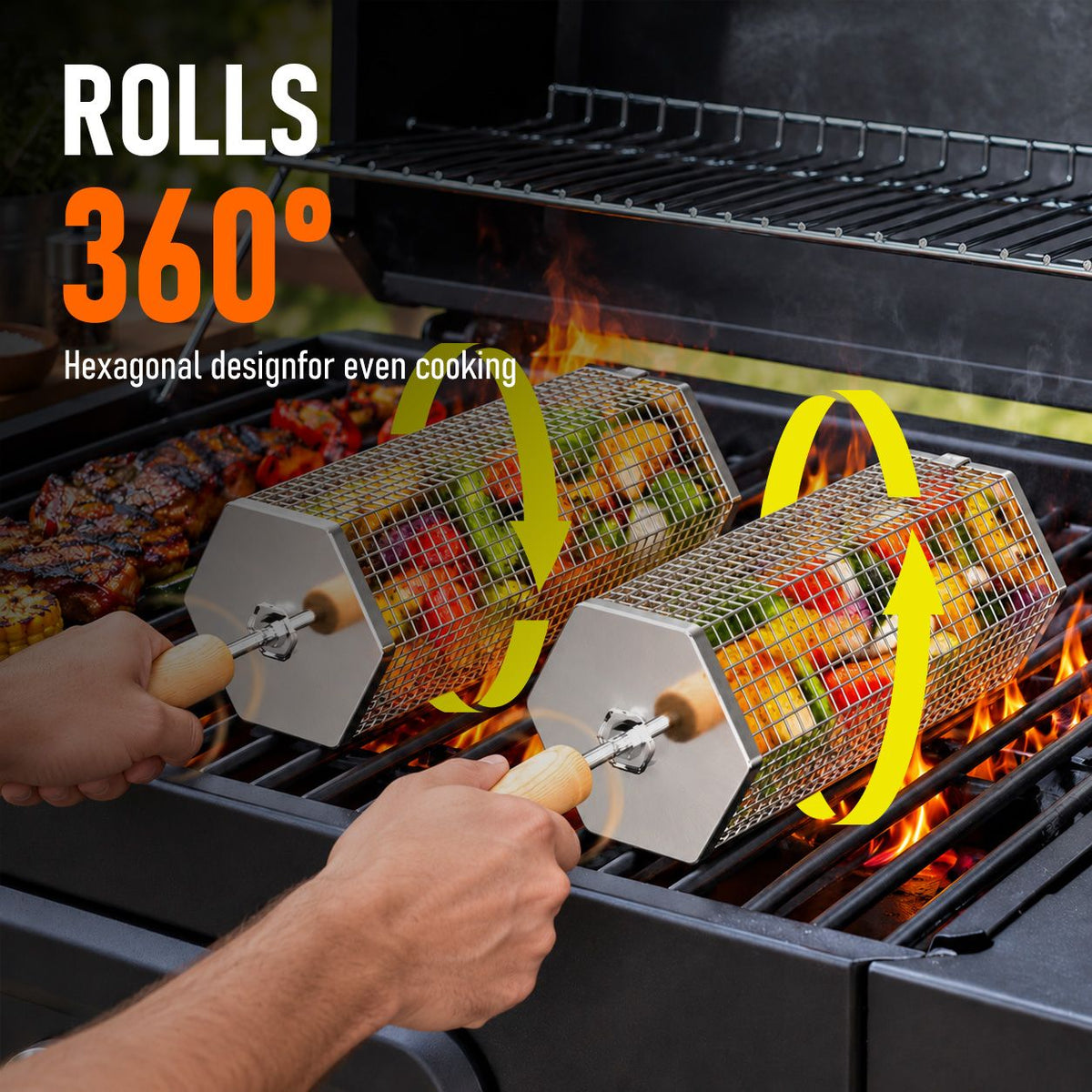 2Pcs Rolling Grill Basket with Removable Handle, 304 Stainless Steel BBQ Grilling Basket for Vegetables, Fish, Shrimp & Meat