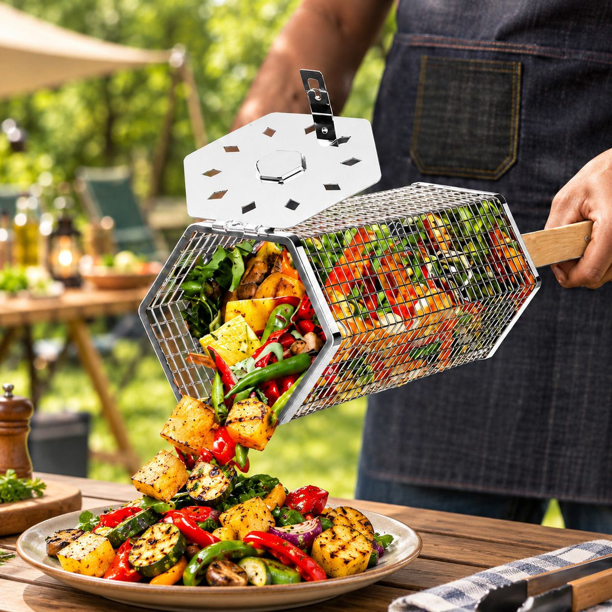 2Pcs Rolling Grill Basket with Removable Handle, 304 Stainless Steel BBQ Grilling Basket for Vegetables, Fish, Shrimp & Meat
