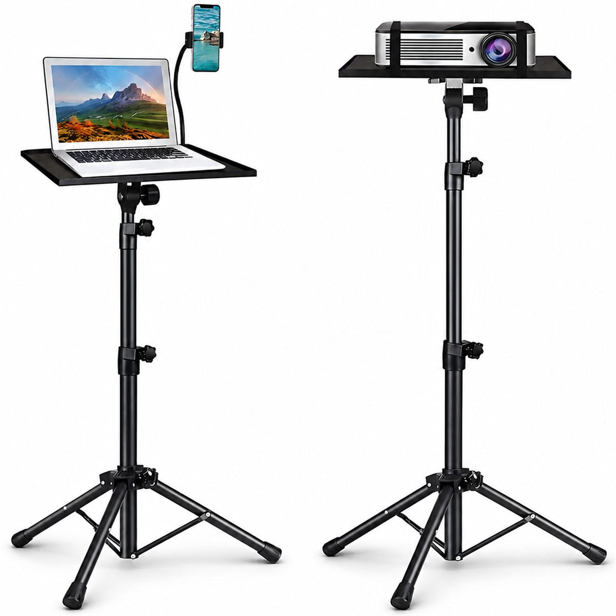 Adjustable Projector Stand with 360° Phone Holder, 57–125cm Folding Tripod Floor Stand for Laptop, Tablet &amp; Projector