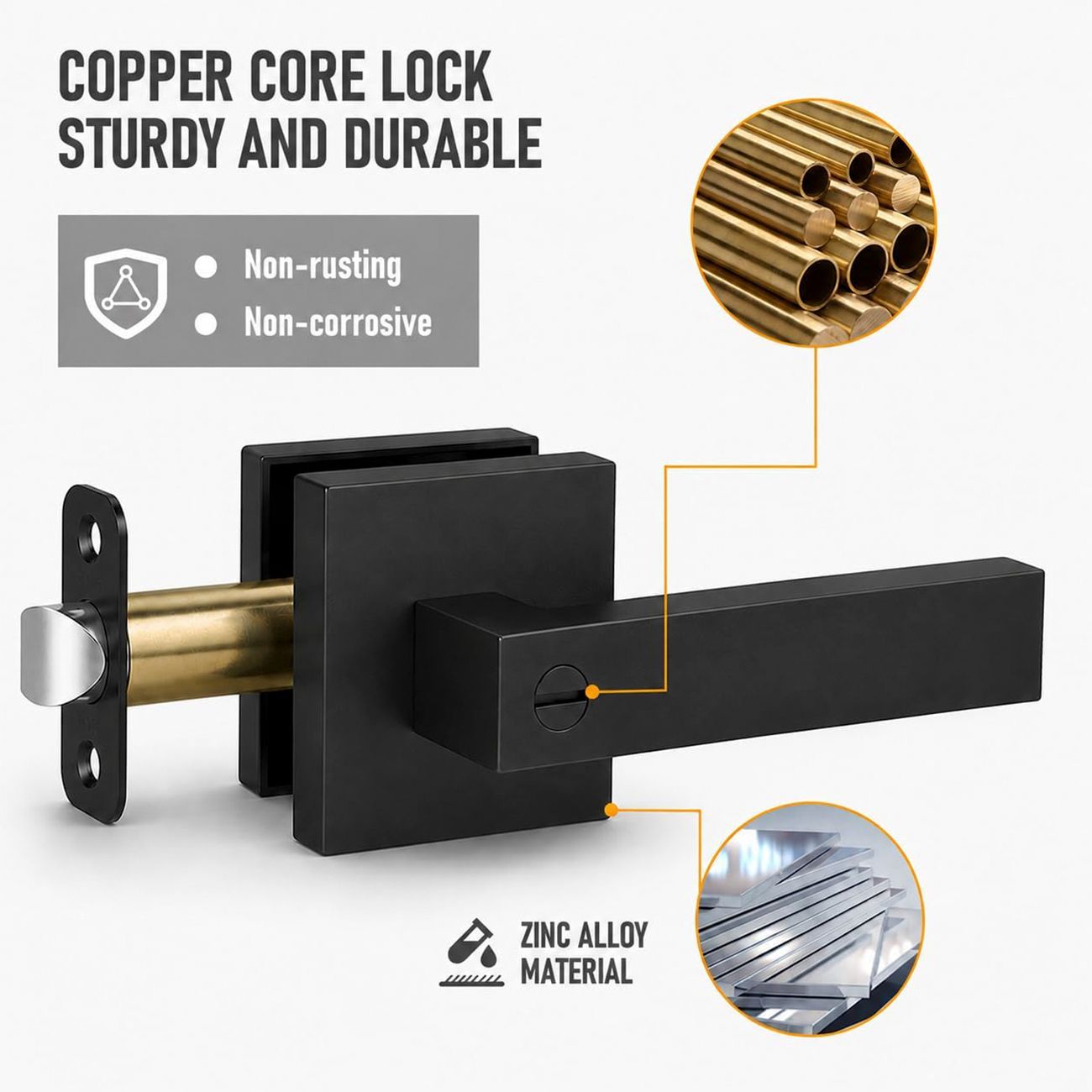 Matte Black Keyless Privacy Door Lever Handle, Heavy Duty Interior Door Lockset, Adjustable 60/70mm Backset, Reversible for Bedroom Bathroom Home Office