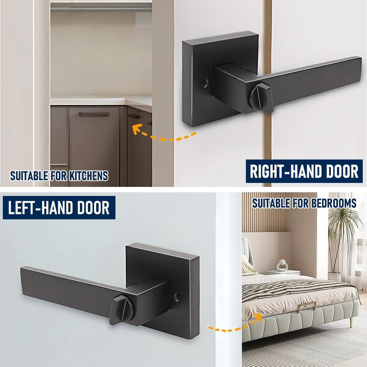 Matte Black Keyless Privacy Door Lever Handle, Heavy Duty Interior Door Lockset, Adjustable 60/70mm Backset, Reversible for Bedroom Bathroom Home Office